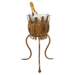 Wine Cooler Ice Bucket Drinks Stand in Gilt Iron and Glass, 1940s