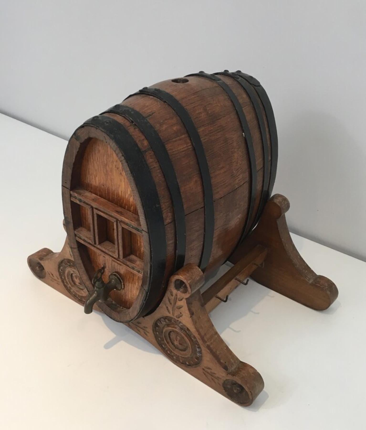 Wine Decanter Presenting a Small Wine Barrel with Brass Tap. French Folk Art 3