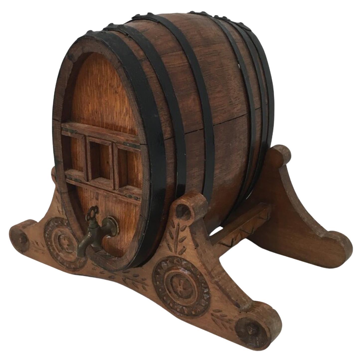 Wine Decanter Presenting a Small Wine Barrel with Brass Tap. French Folk Art