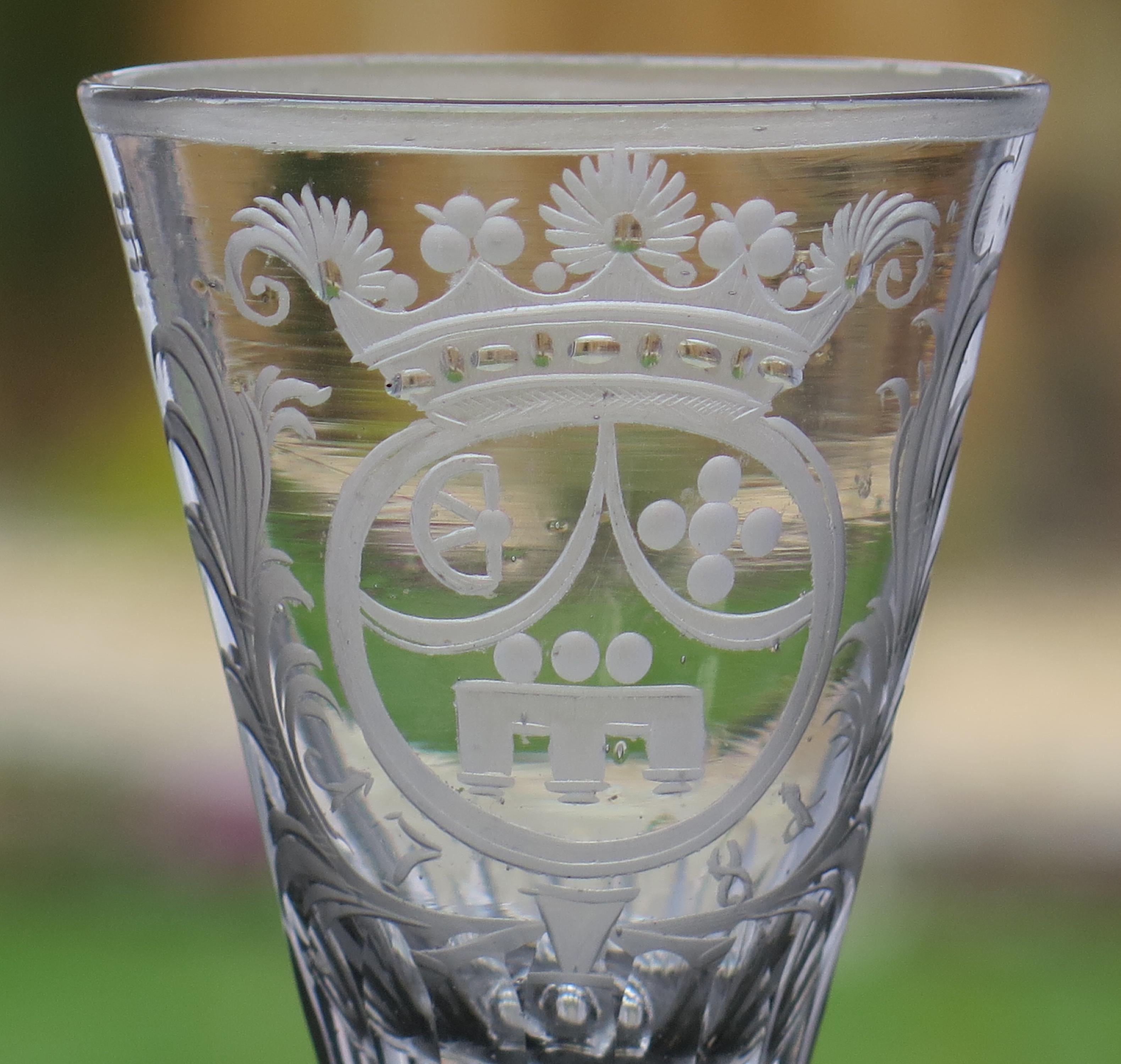 Wine Drinking Glass Engraved Armorial coronet hand blown, Dutch circa 1740 In Good Condition In Lincoln, Lincolnshire