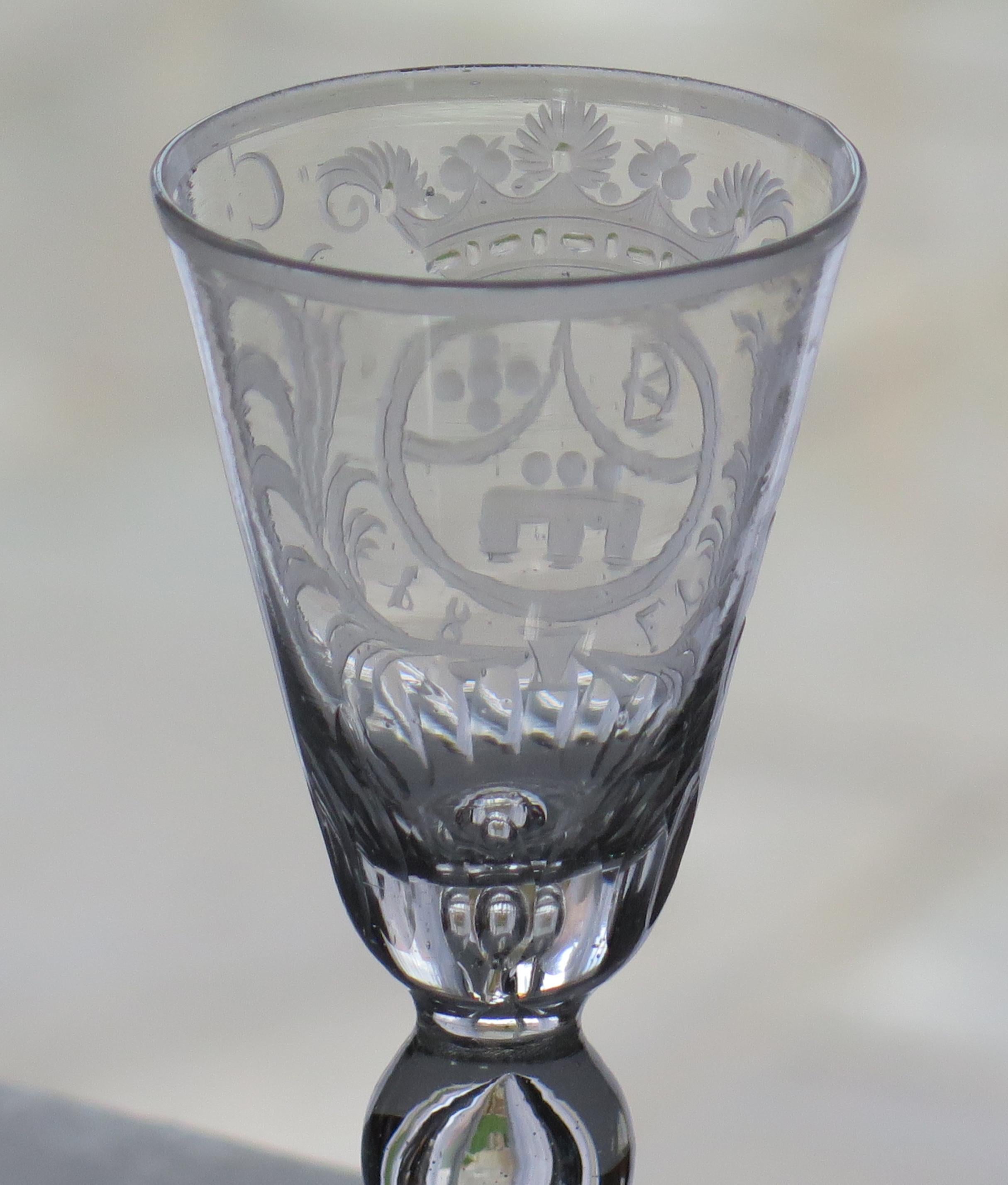 Wine Drinking Glass Engraved Armorial coronet hand blown, Dutch circa 1740 1