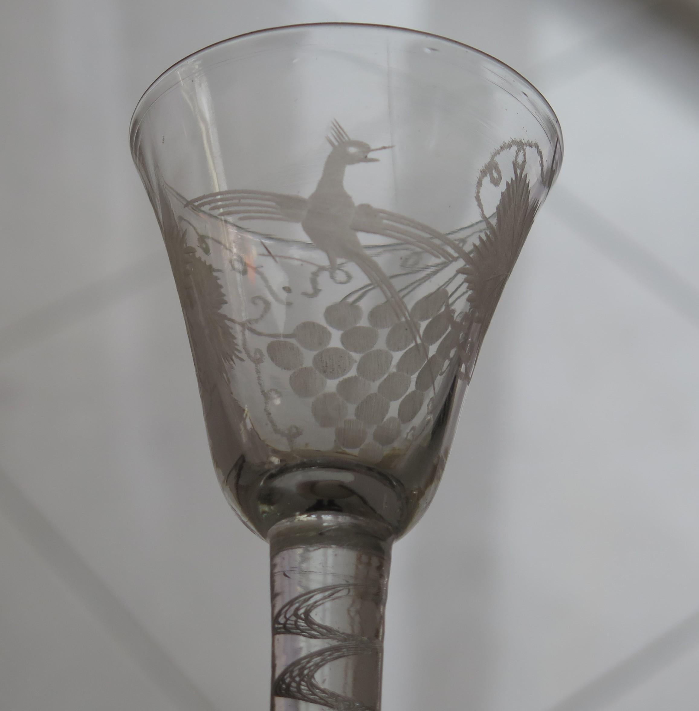 18thC Georgian Wine Drinking Glass Engraved Bowl Cotton Twist Stem, Circa 1750 2