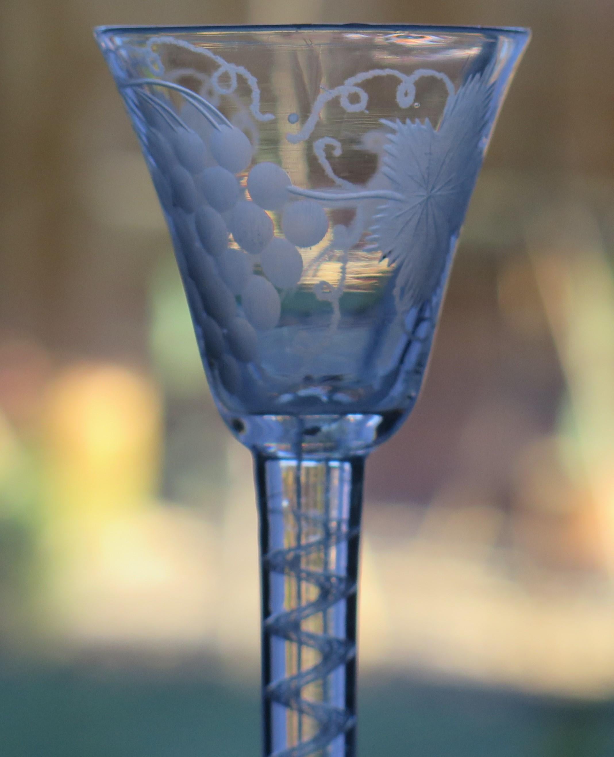 18thC Georgian Wine Drinking Glass Engraved Bowl Cotton Twist Stem, Circa 1750 4