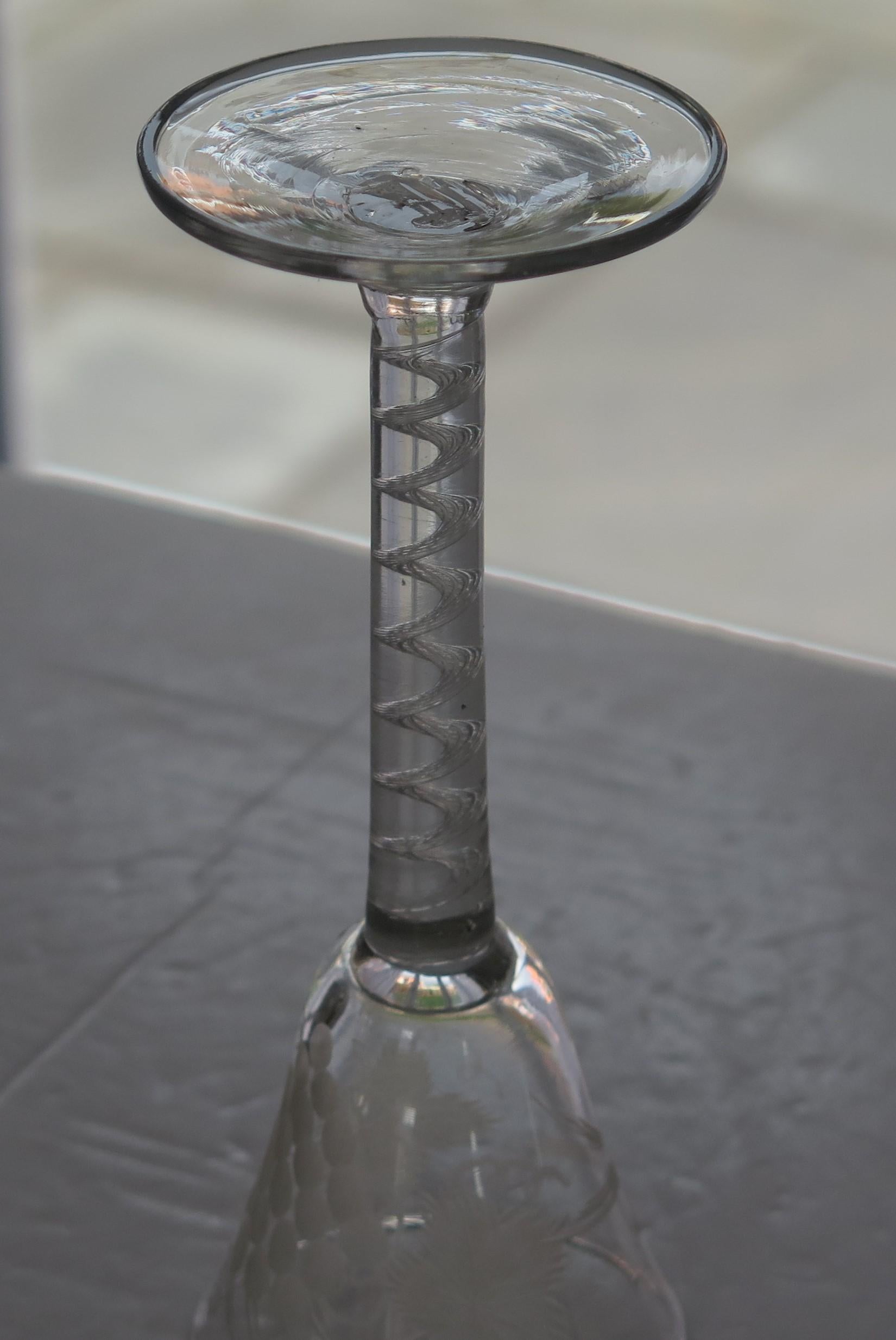 18thC Georgian Wine Drinking Glass Engraved Bowl Cotton Twist Stem, Circa 1750 5