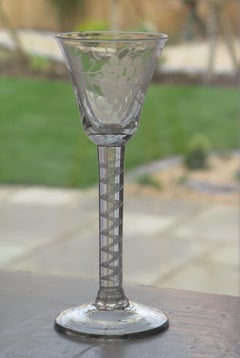 18thC Georgian Wine Drinking Glass Engraved Bowl Cotton Twist Stem, Circa 1750