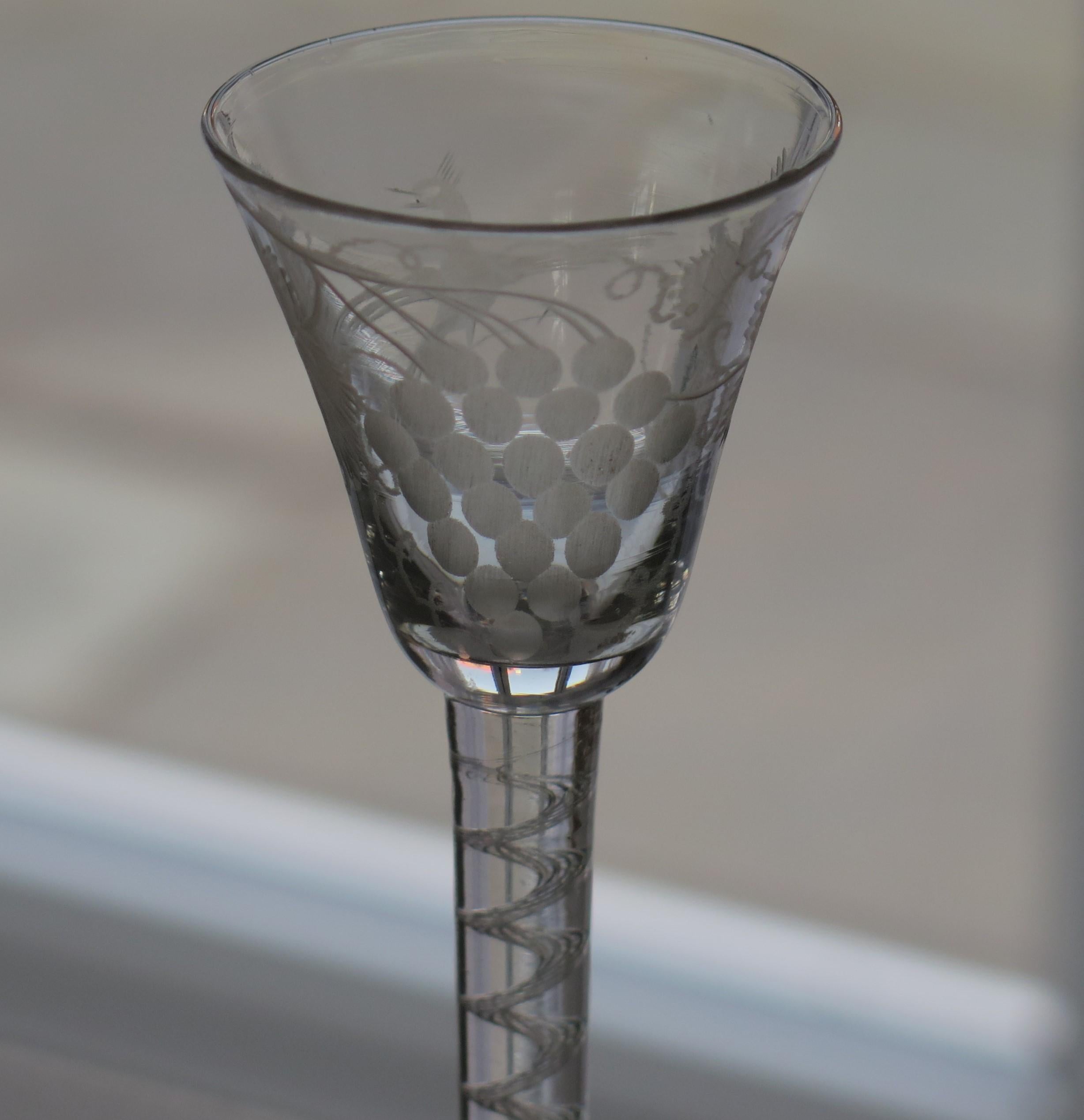 18thC Georgian Wine Drinking Glass Engraved Bowl Cotton Twist Stem, Circa 1750 In Good Condition In Lincoln, Lincolnshire