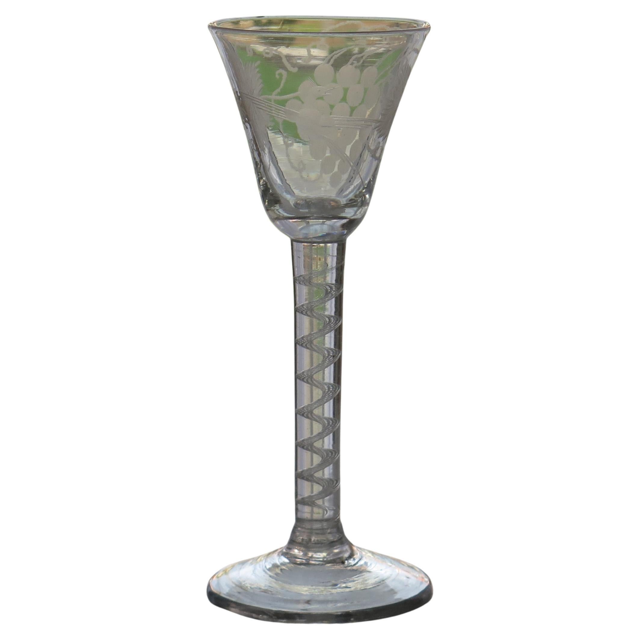 18thC Georgian Wine Drinking Glass Engraved Bowl Cotton Twist Stem, Circa 1750