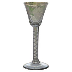 Antique 18thC Georgian Wine Drinking Glass Engraved Bowl Cotton Twist Stem, Circa 1750