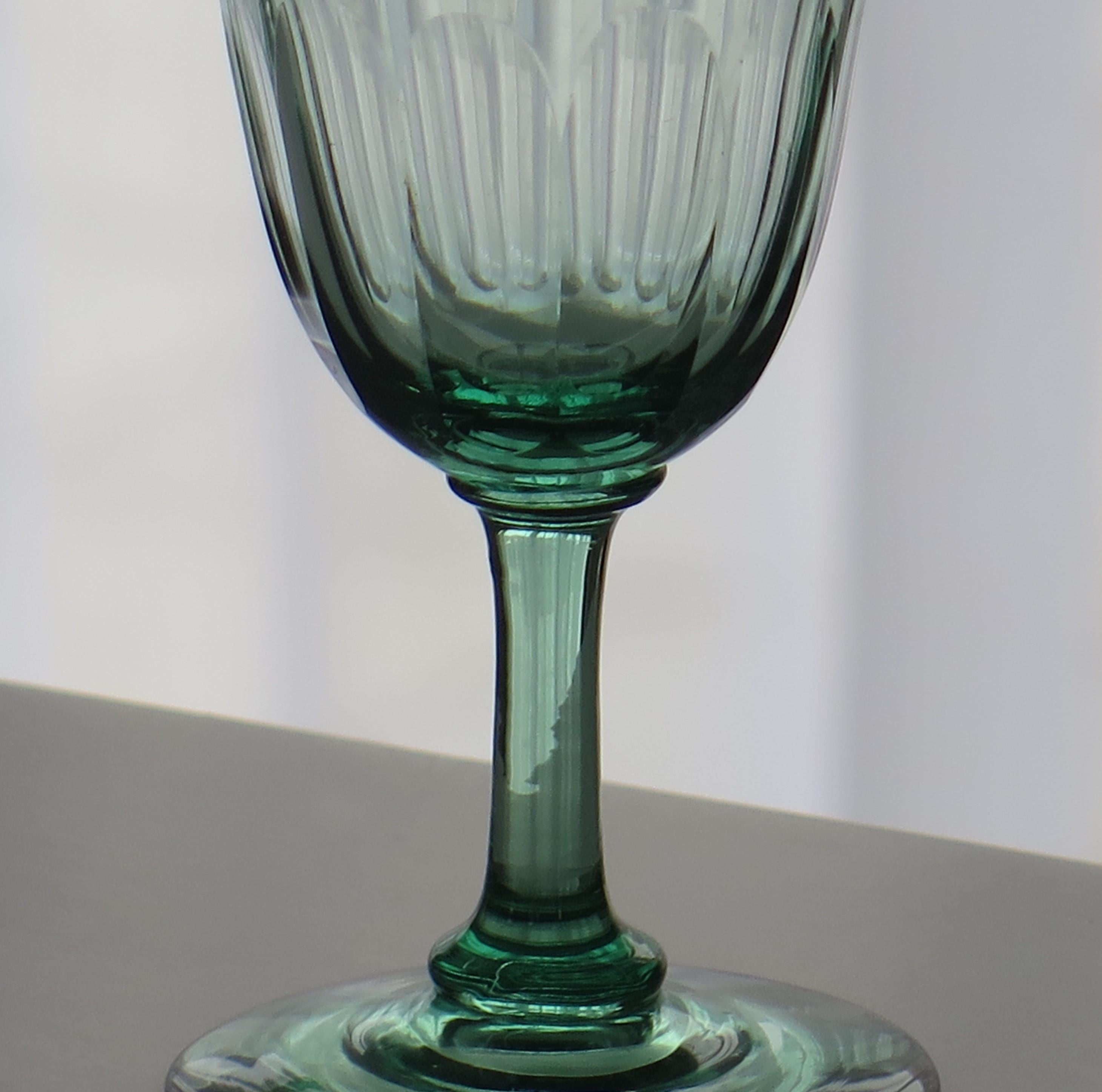 Early Victorian Wine Drinking Glass Light Green Panel Cut Bowl, English, circa 1840 For Sale