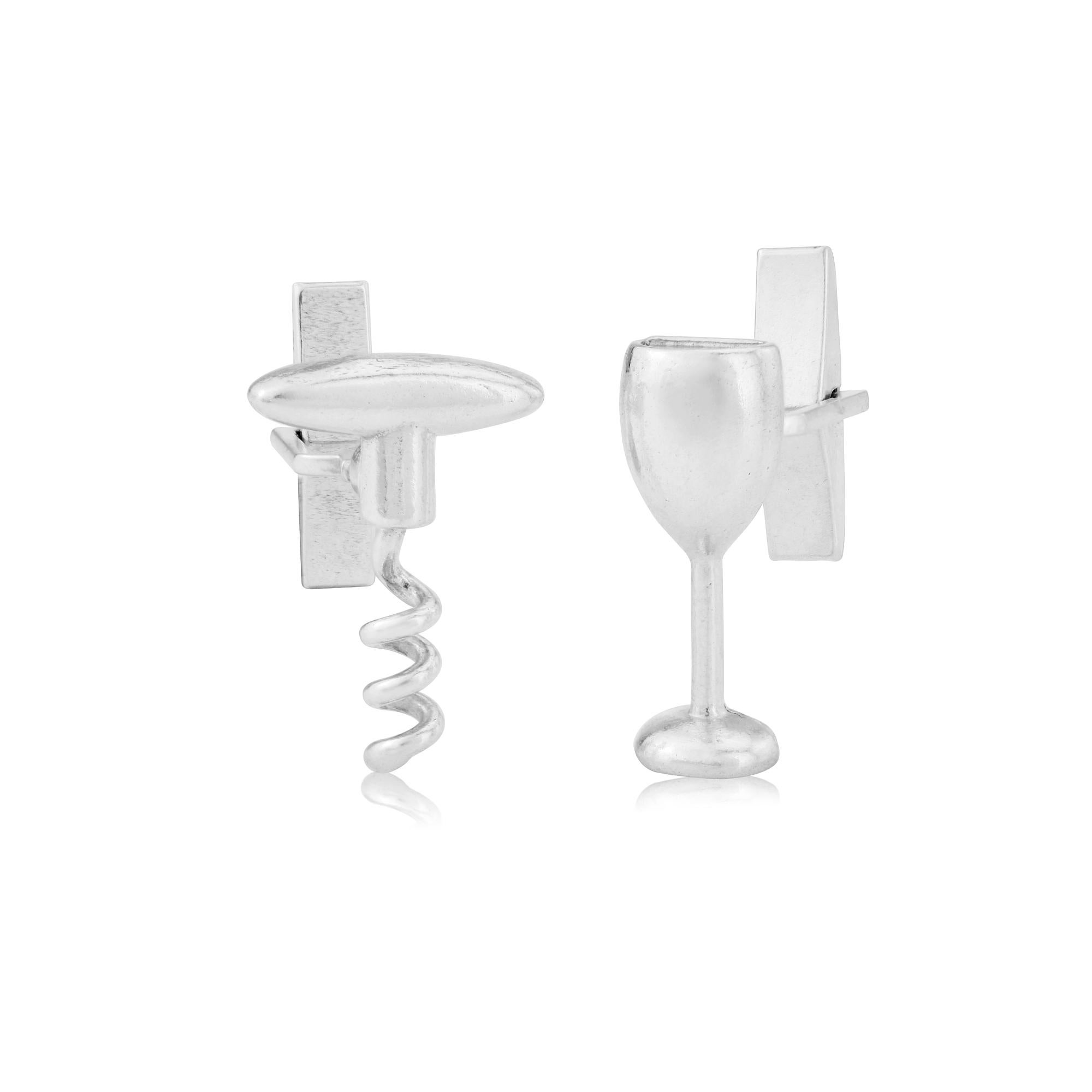 Contemporary Wine Glass and Corkscrew Cufflinks in Sterling Silver For Sale