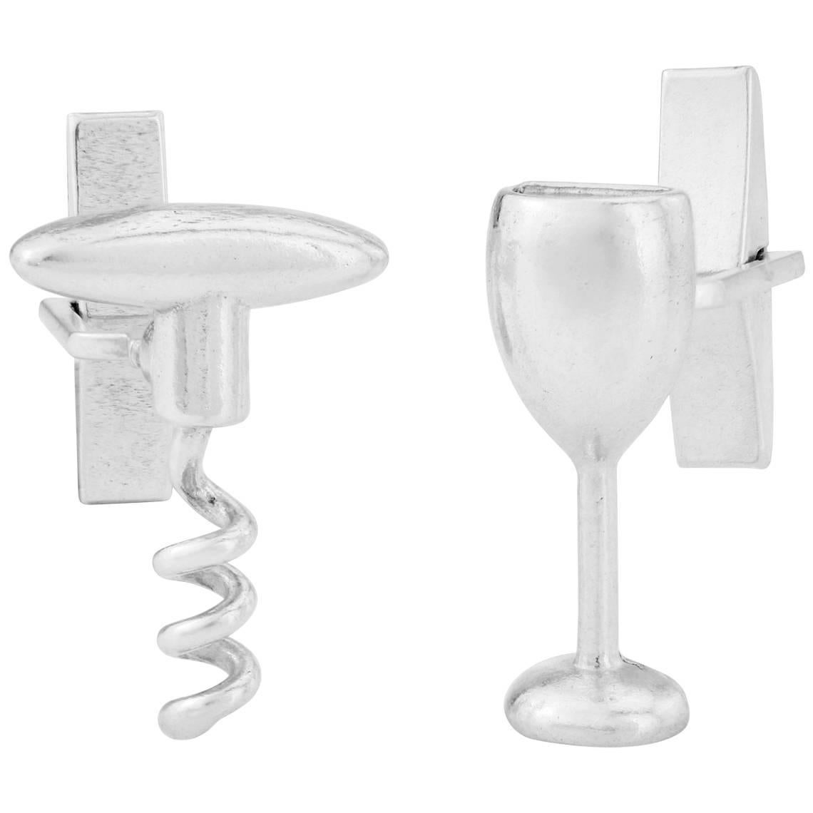 Wine Glass and Corkscrew Cufflinks in Sterling Silver For Sale