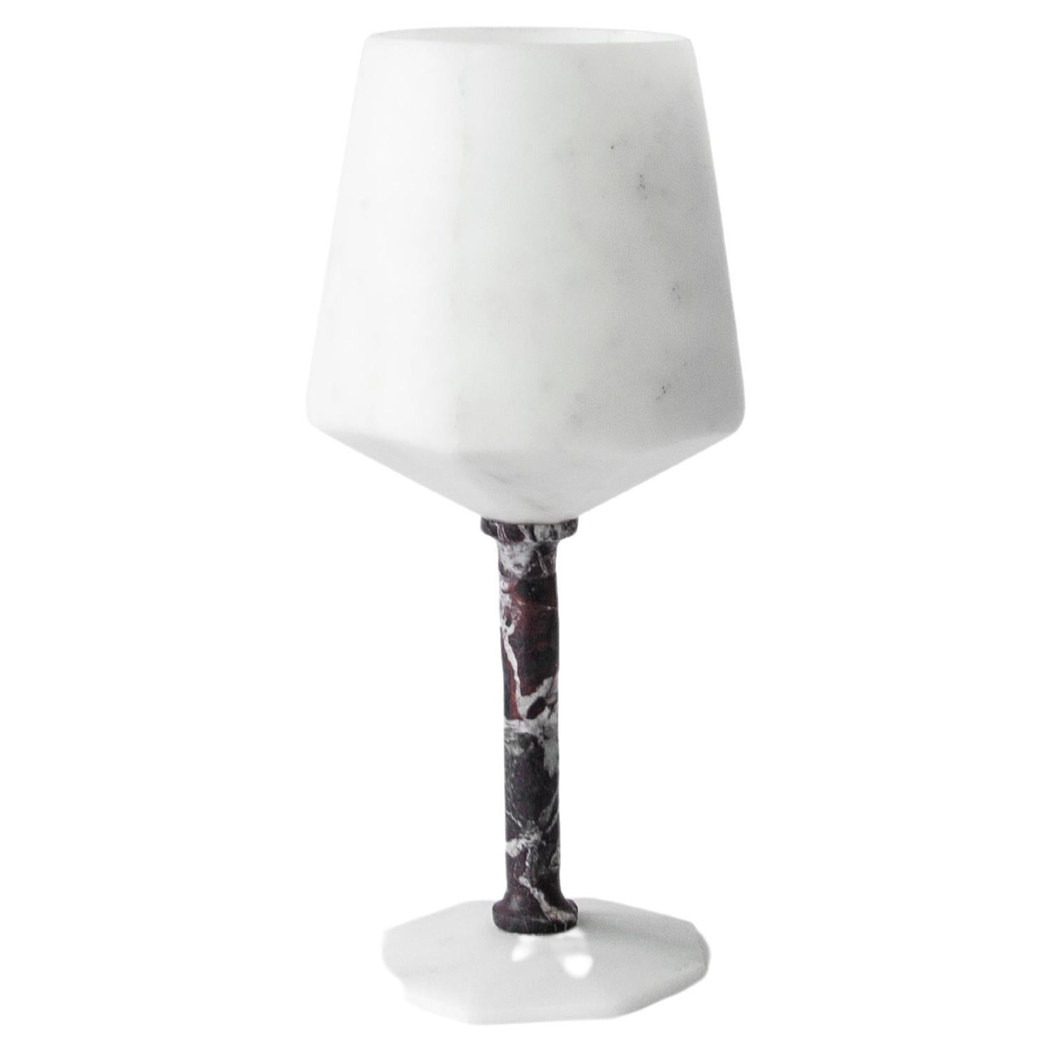 Handmade Wine Glass in Satin White Carrara and Red Levanto Marble For Sale