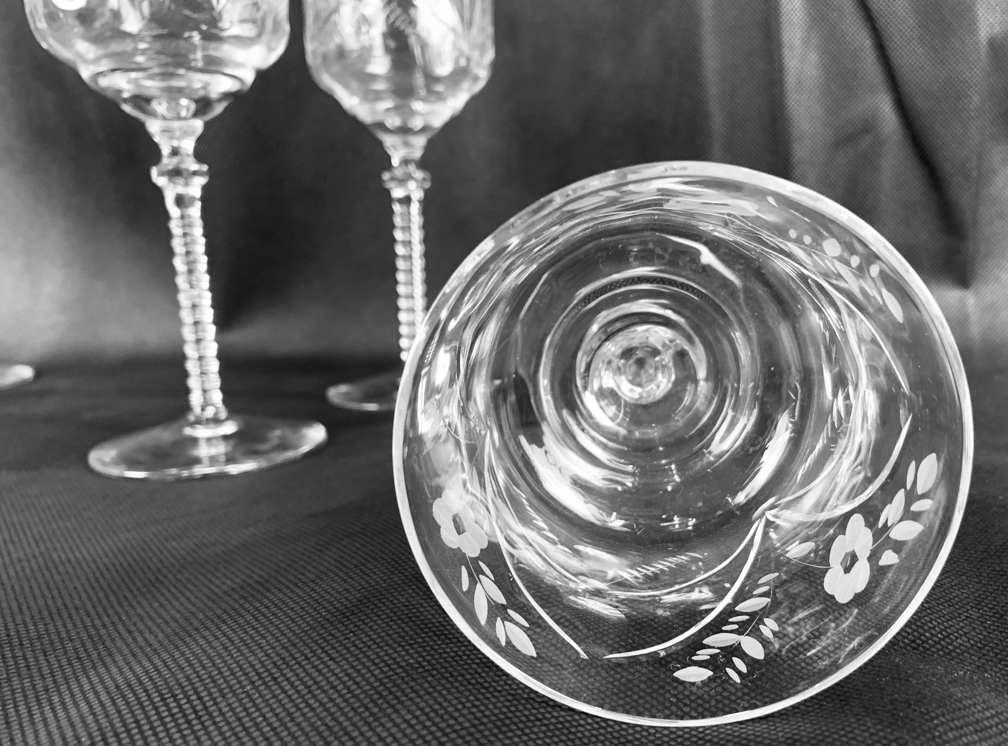 Etched Rock Sharpe's Wine Glasses in the 
