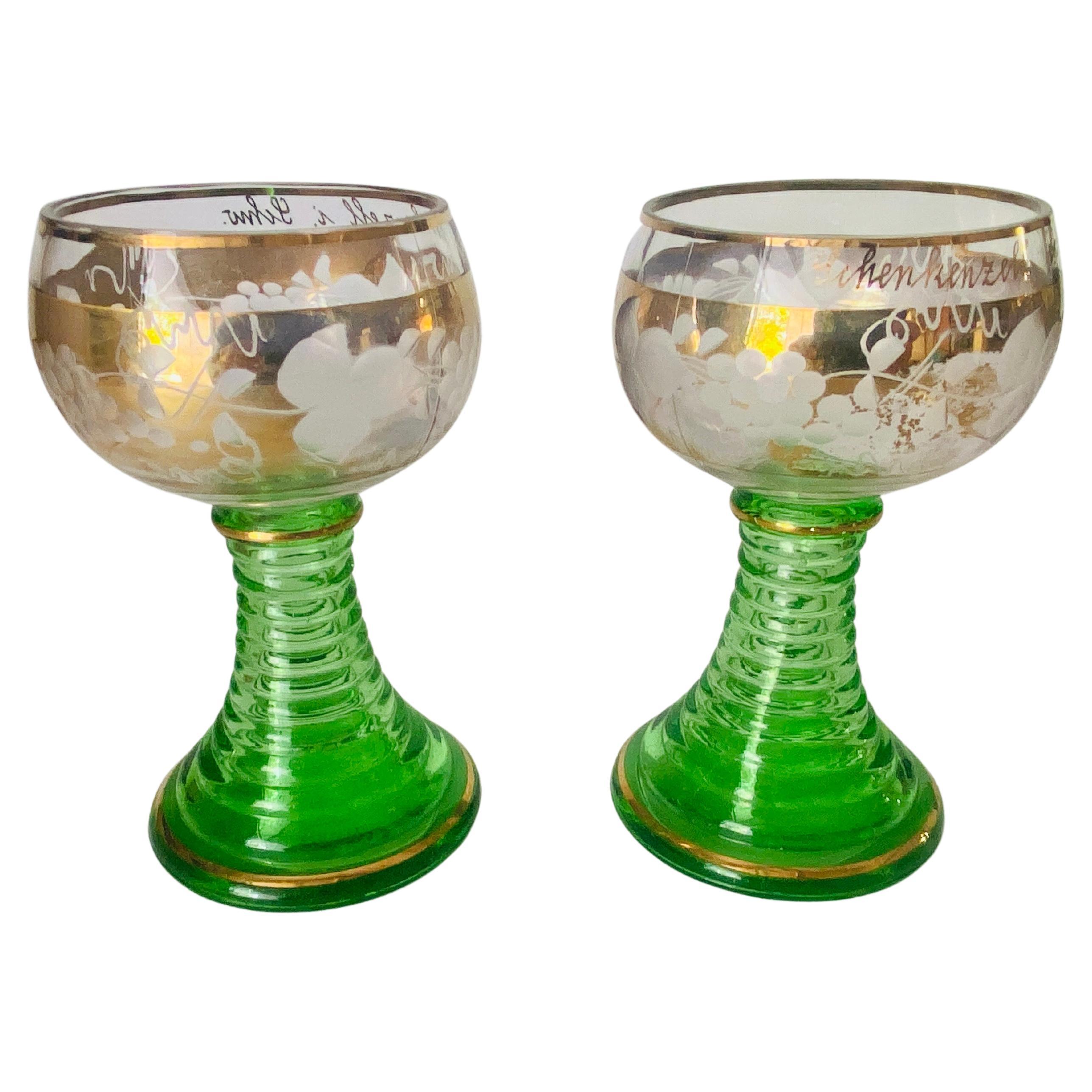 French Provincial Wine Glasses in Green Gilt Color France circa 1940 Set of 2 For Sale