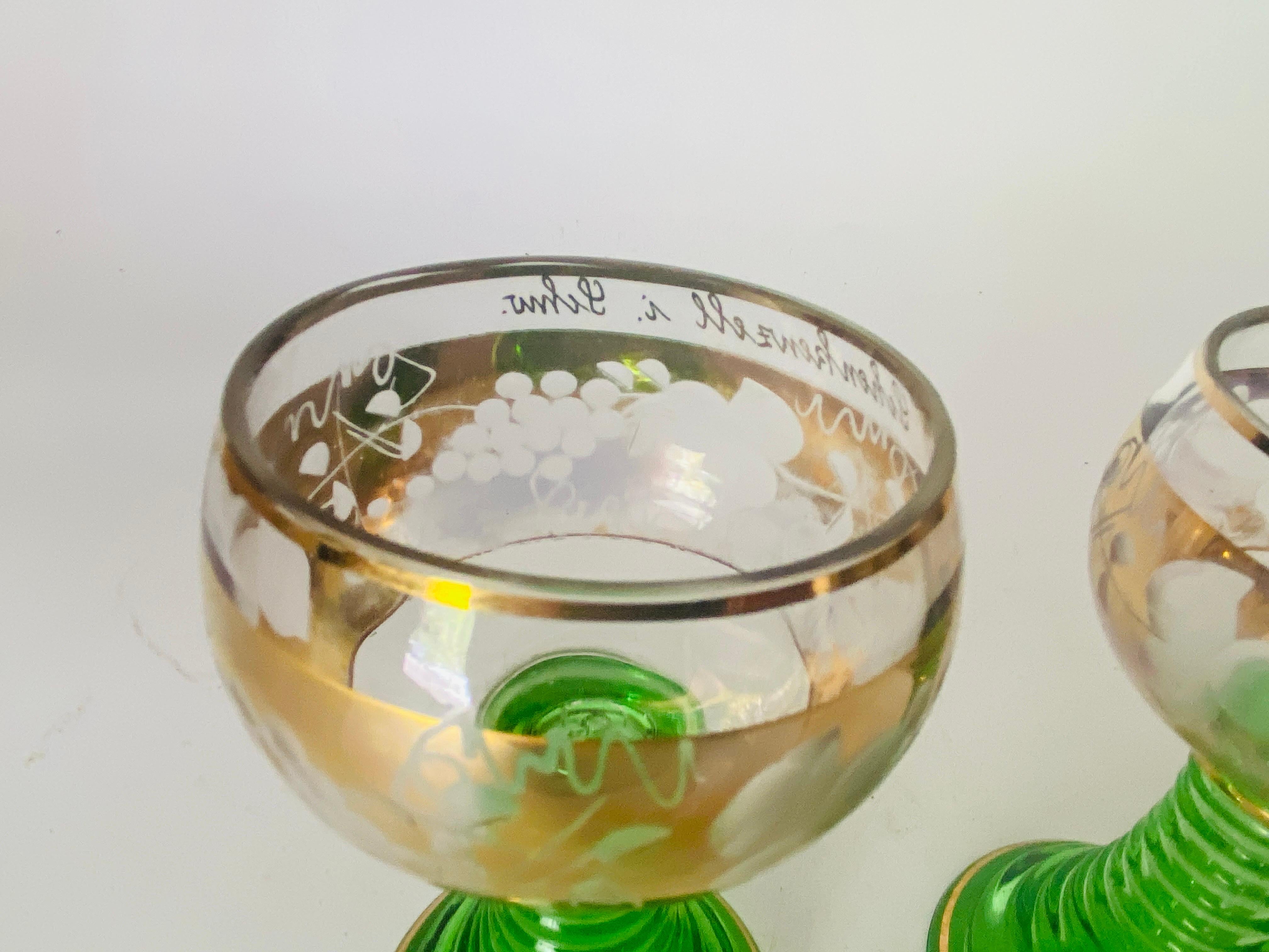 Carved Wine Glasses in Green Gilt Color France circa 1940 Set of 2 For Sale