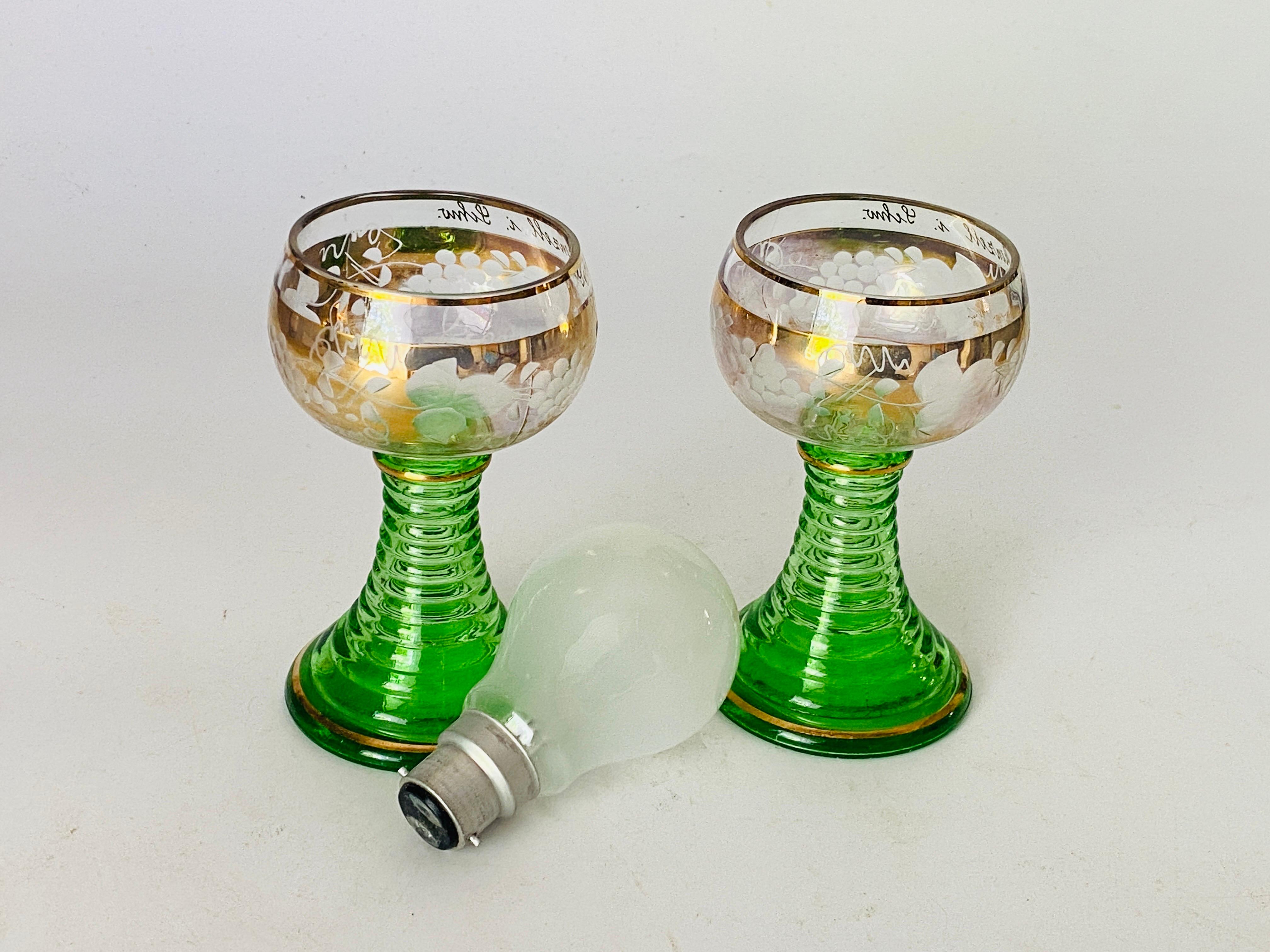 Mid-20th Century Wine Glasses in Green Gilt Color France circa 1940 Set of 2 For Sale