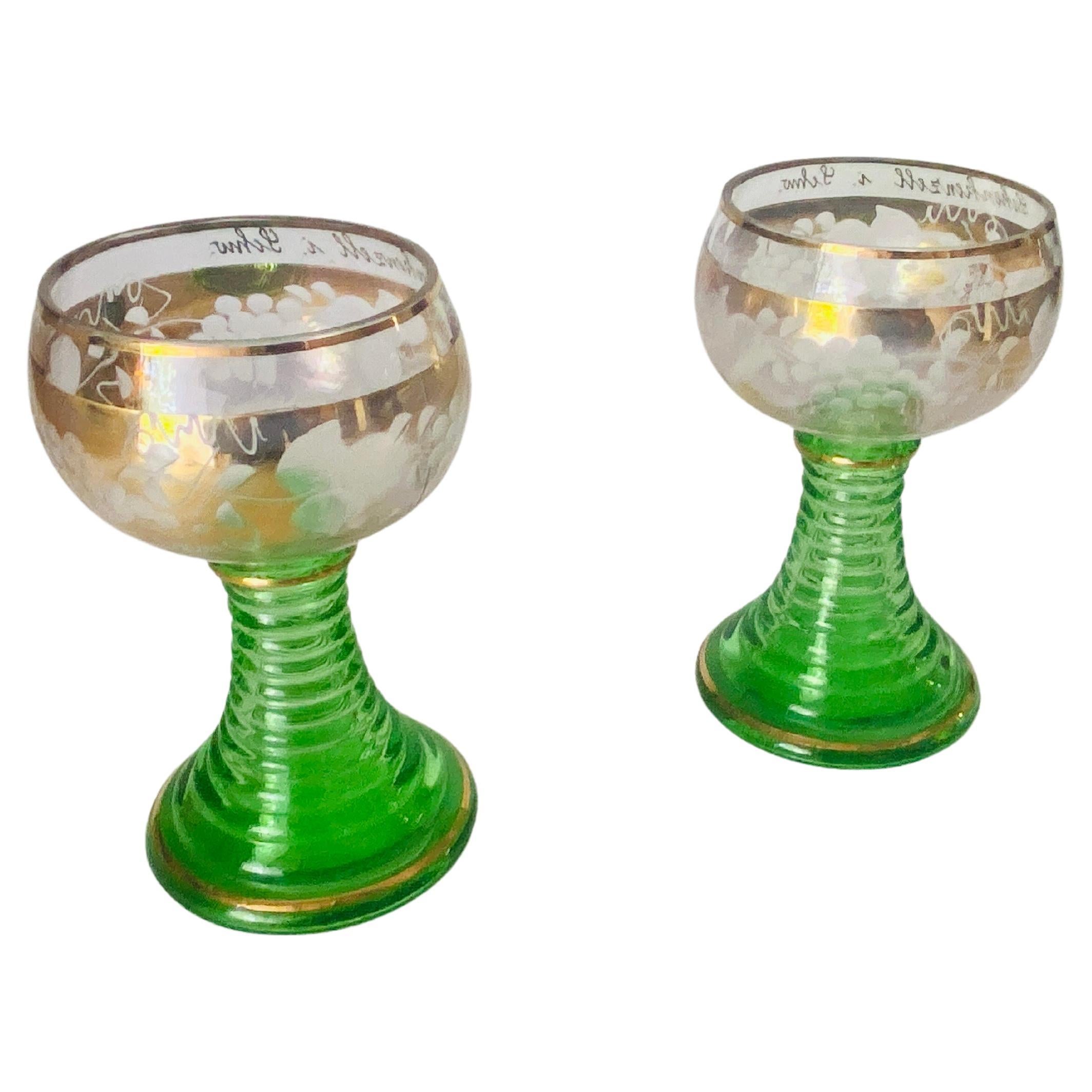 Wine Glasses in Green Gilt Color France circa 1940 Set of 2 For Sale