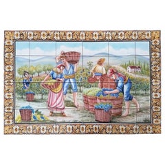 Portuguese Azulejos Hand Painted Tile Mural "Grape Harvest" Signed by Artist 