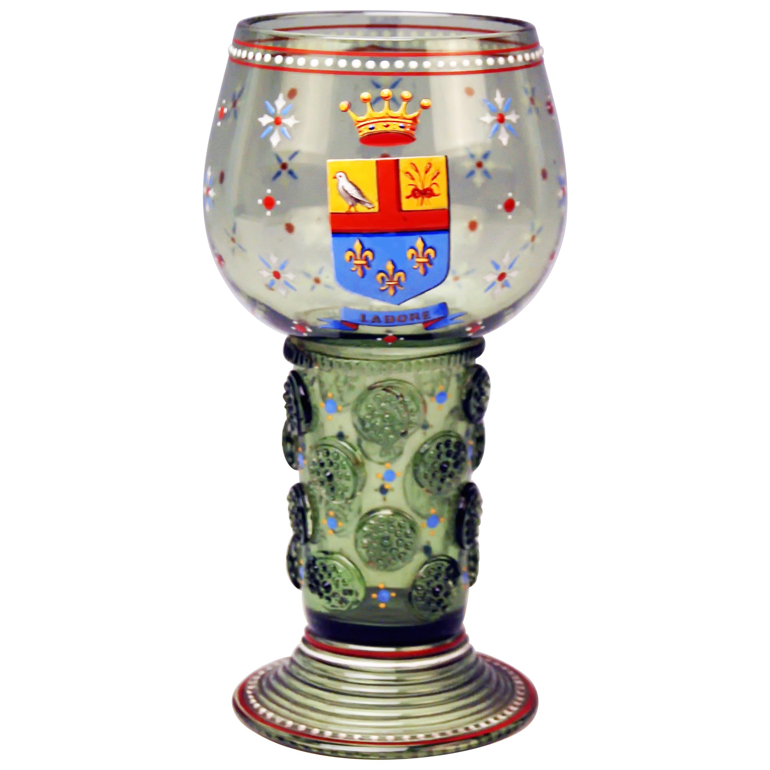 Wine Green Glass Enamel Paintings Coat of Arms by Lobmeyr Vienna circa 1910-1915 For Sale