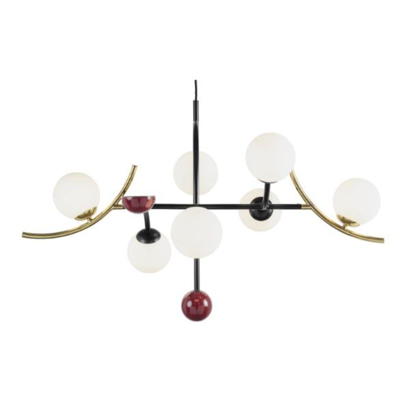 Wine Helio Suspension lamp by dooq
Dimensions: W 130 x D 70 x H 80 cm
Materials: lacquered metal, brass/nickel.
Also available in different colours.

Information:
230V/50Hz
7 x max. G9
4W LED

120V/60Hz
7 x max. G9
4W LED

Cable: 59”/1,5m

All our