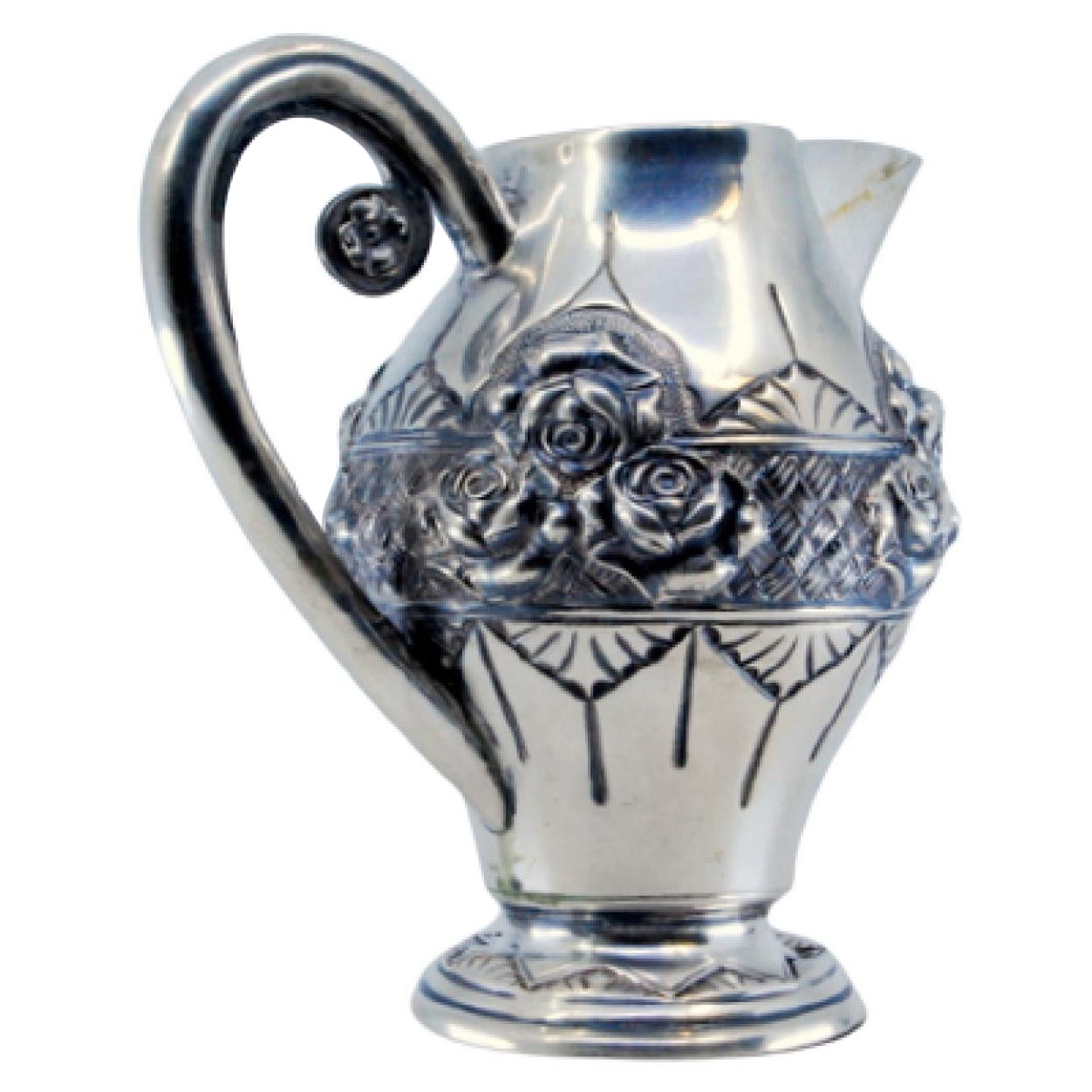Wine jug in embossed silver with floral motifs and resting on a frilled base