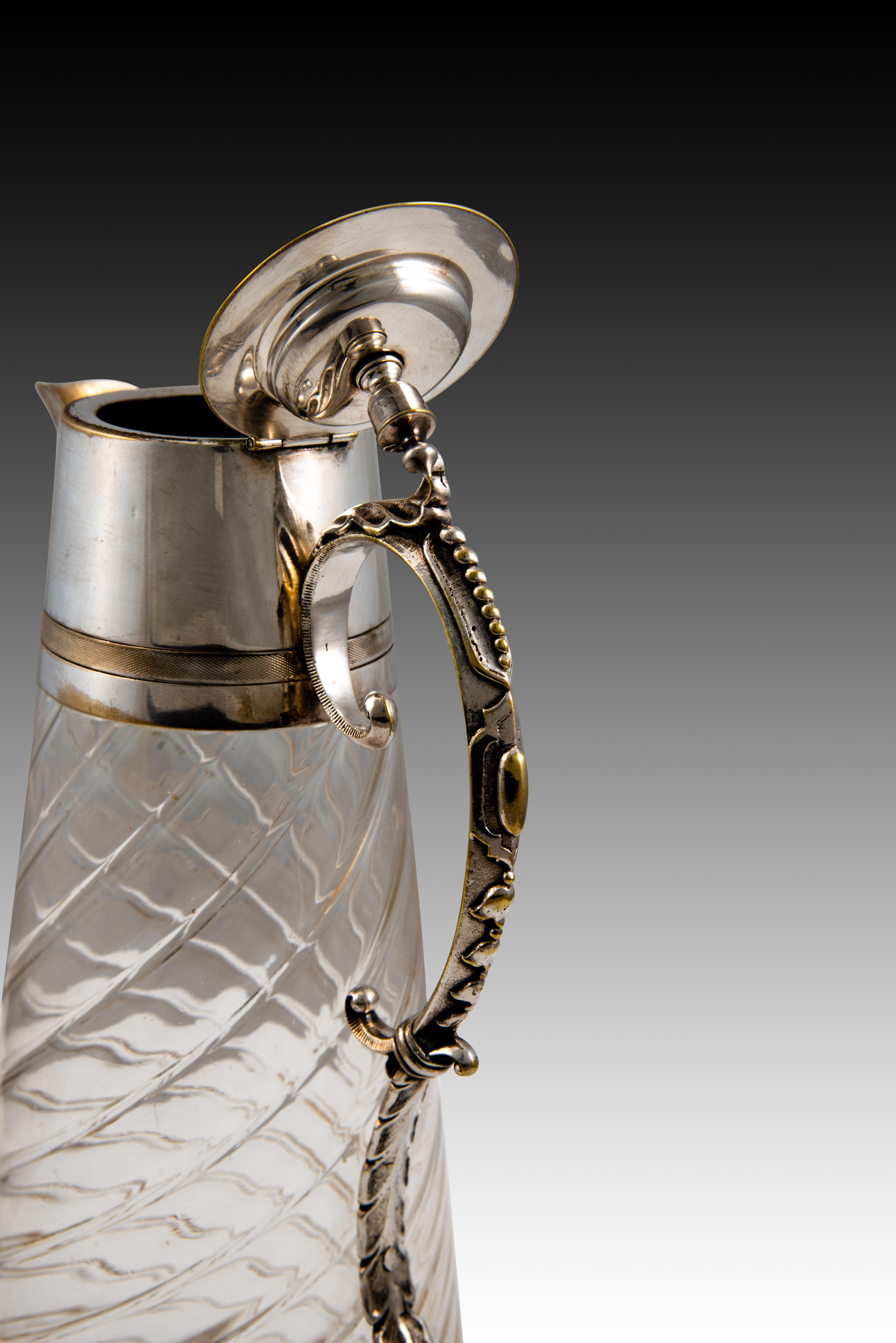 Weinkrug oder Dekanter. Glas, Metall. 20. Jahrhundert. (Europäisch) im Angebot
