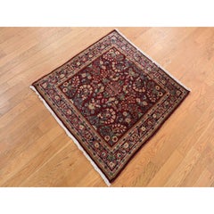 Wine Red Antique Persian Sarouk Full Pile Rare Square Size Wool Hand Knotted Rug