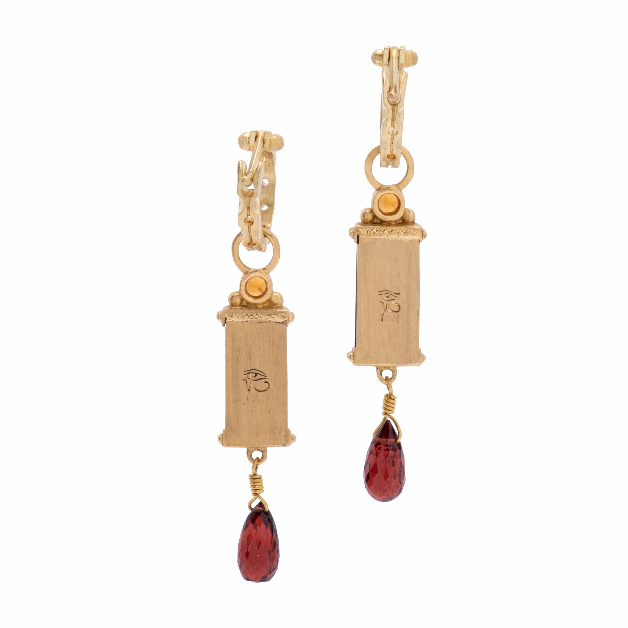Women's or Men's Wine Red Garnet Column Drop Earrings in 18 Karat Gold For Sale