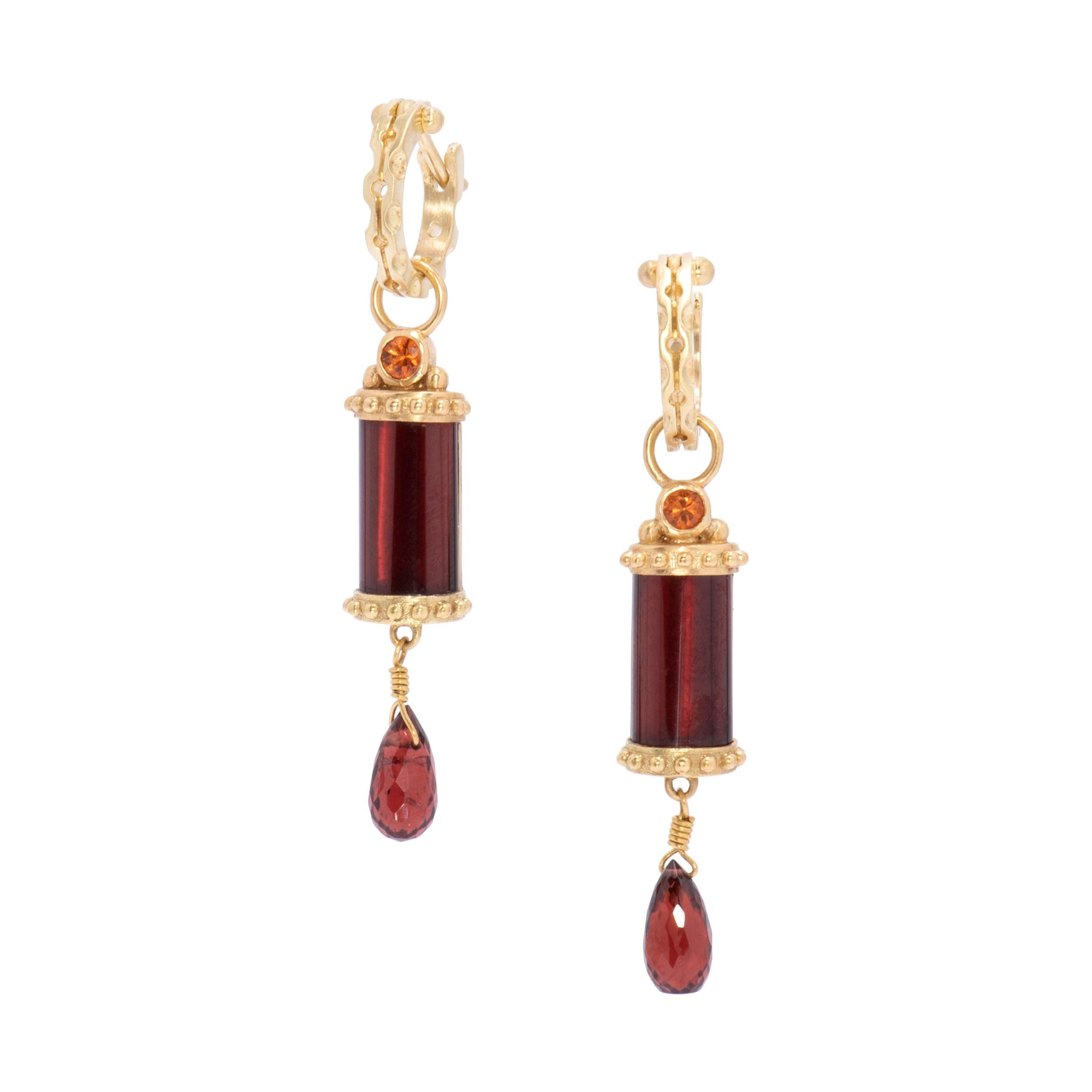 Wine Red Garnet Column Drop Earrings in 18 Karat Gold For Sale