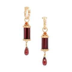 Wine Red Garnet Column Drop Earrings in 18 Karat Gold