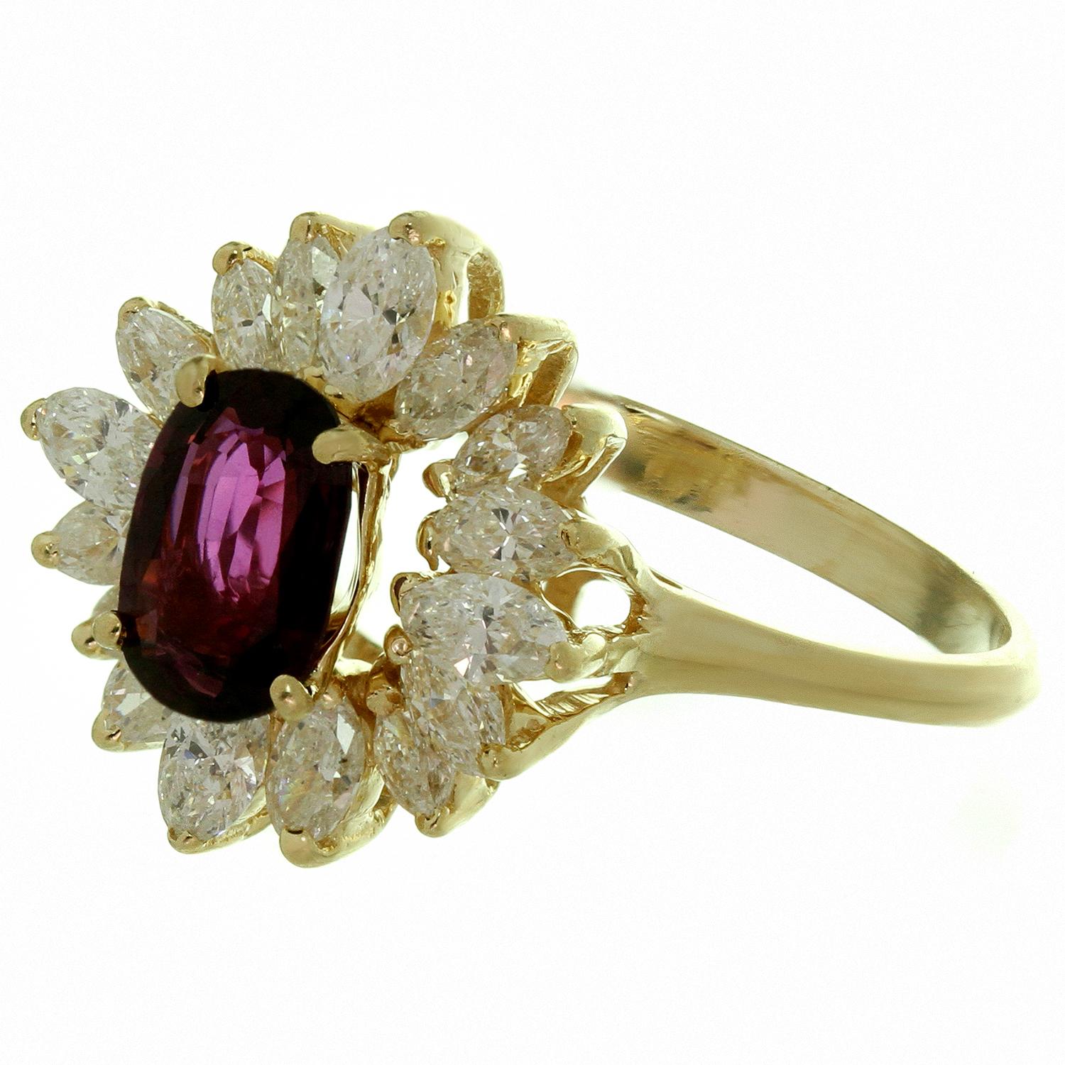 Wine Red Garnet Marquise Diamond Yellow Gold Ballerina Ring In Excellent Condition In New York, NY