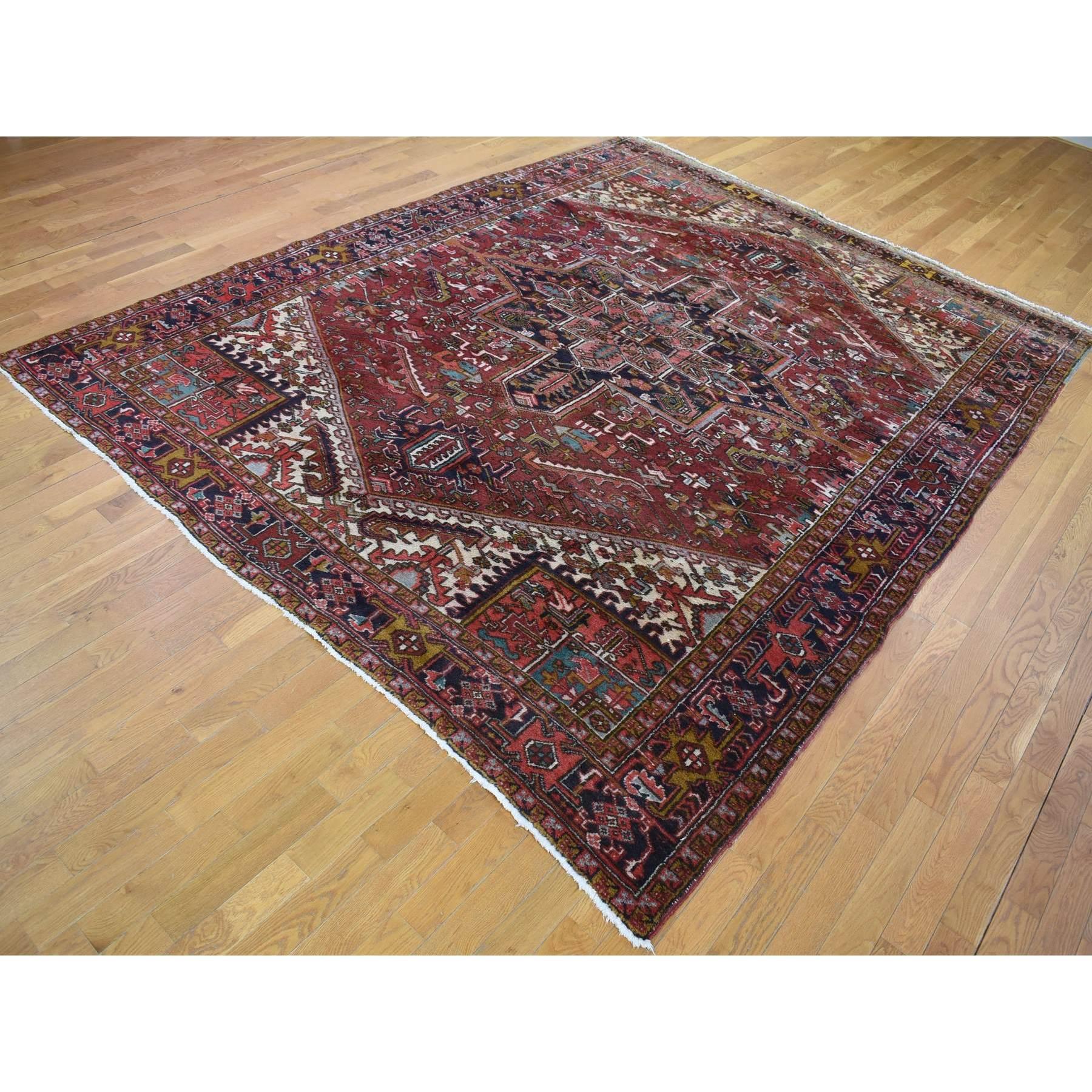 Hand-Knotted Wine Red, Semi Antique Persian Heriz, Medallion Design, Wool Hand Knotted Rug