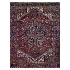 Wine Red, Semi Antique Persian Heriz, Medallion Design, Wool Hand Knotted Rug