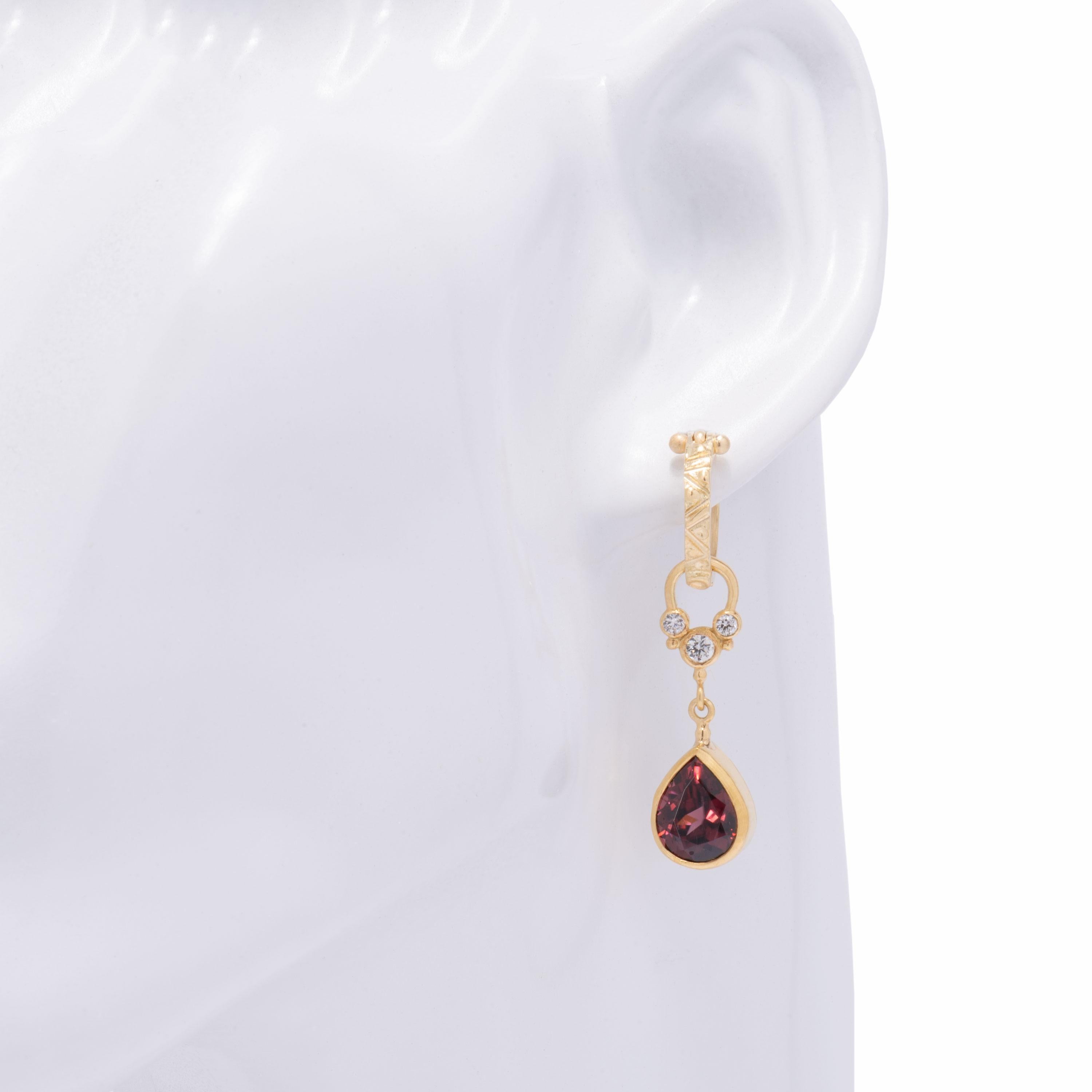Wine Red Zircon Teardrop Earrings in 18 Karat Gold with Diamonds In New Condition For Sale In Santa Fe, NM