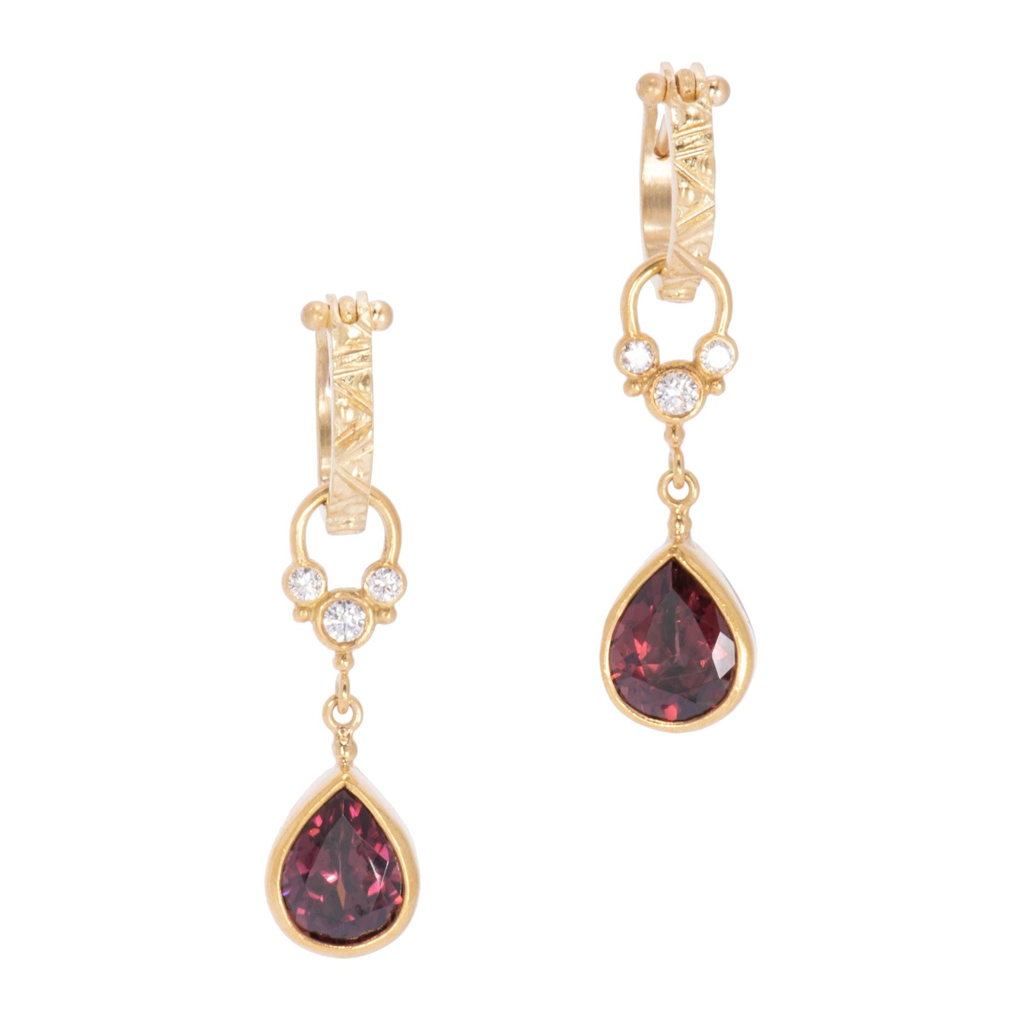 Wine Red Zircon Teardrop Earrings in 18 Karat Gold with Diamonds For Sale