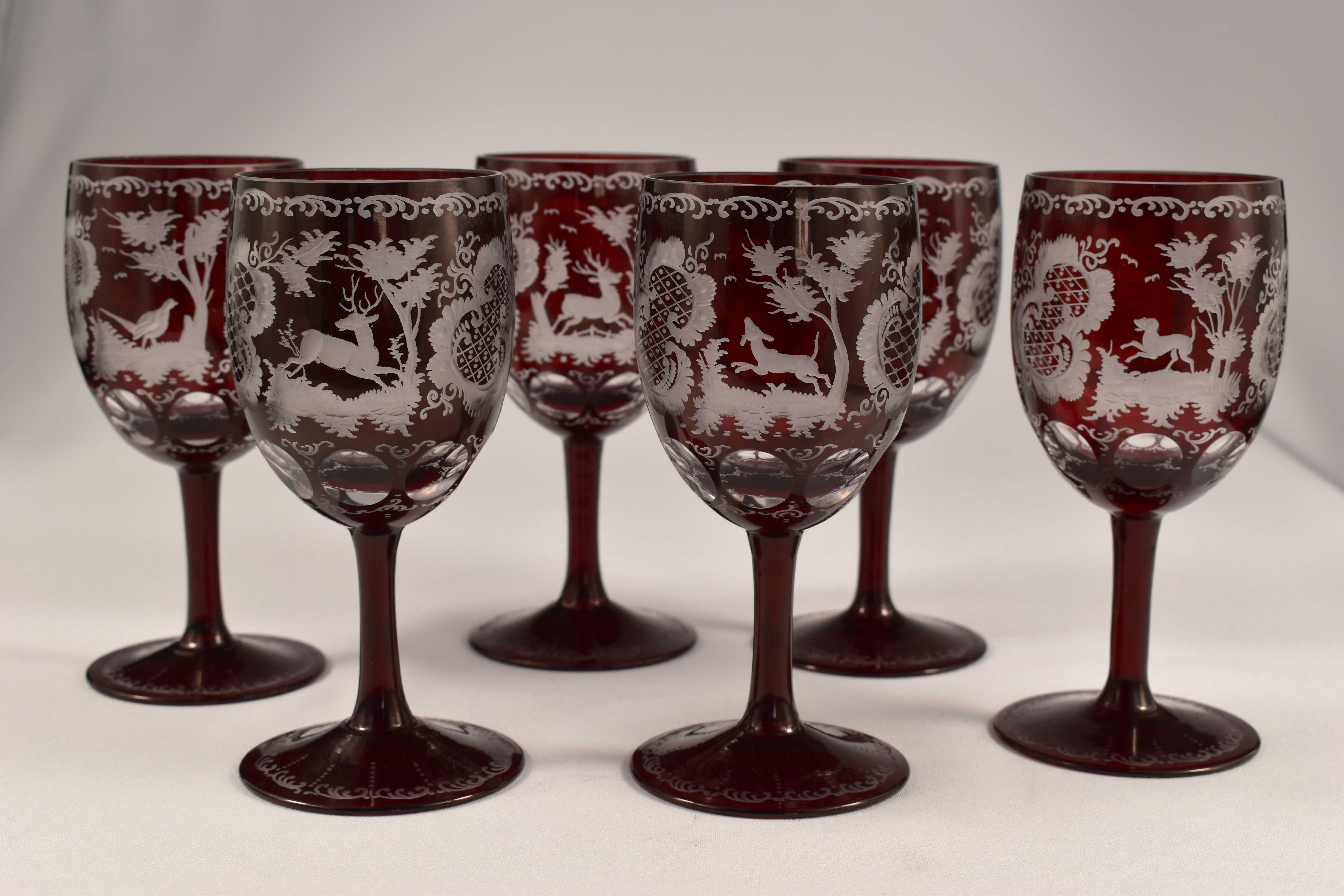 Hand-Crafted Wine Set, Carafe and Goblets, Bohemian Glass Egermann Around 1900 For Sale