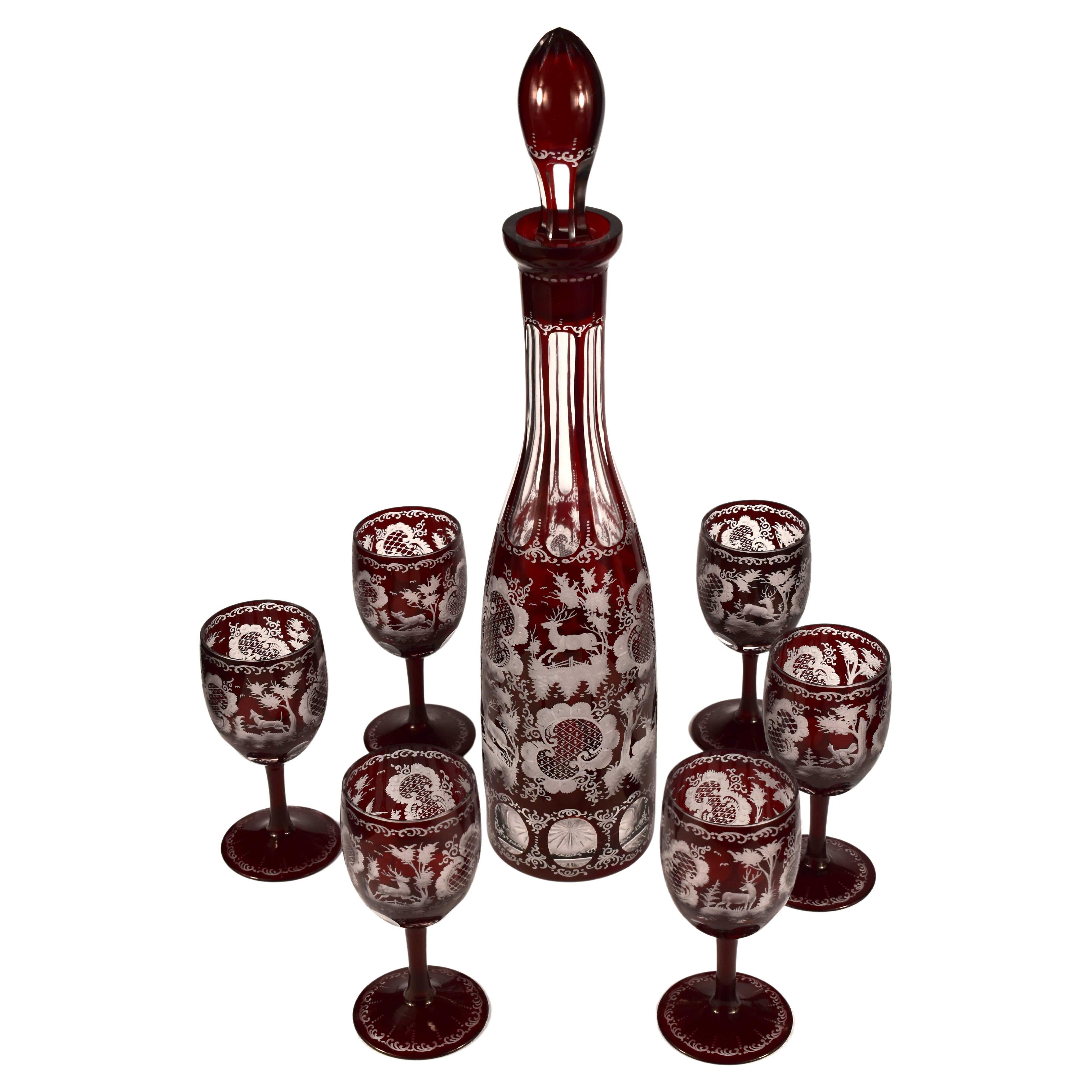 Wine Set, Carafe and Goblets, Bohemian Glass Egermann Around 1900