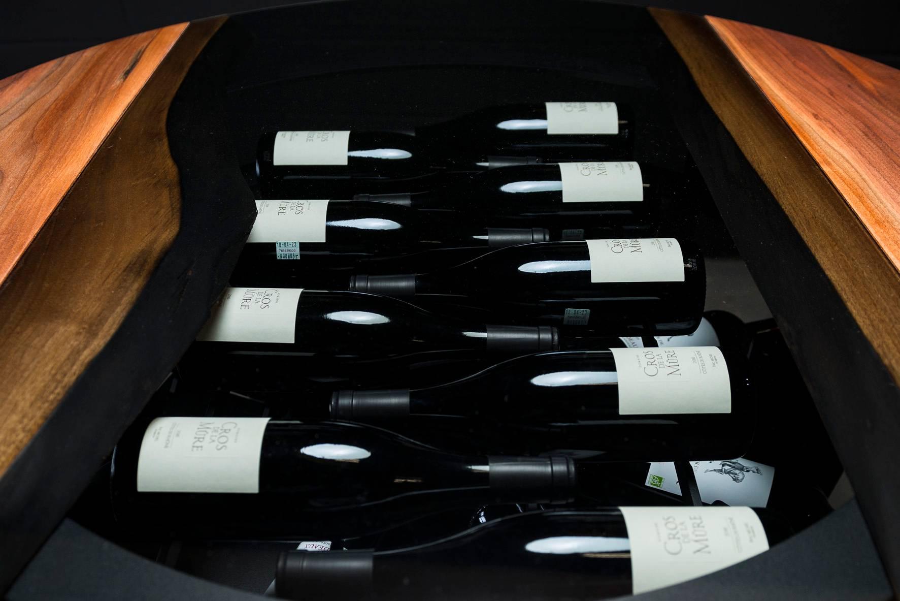 Organic Modern Wine Tasting & Storage Table, by Ambrozia, LiveEdge Walnut, Tinted Glass & Steel