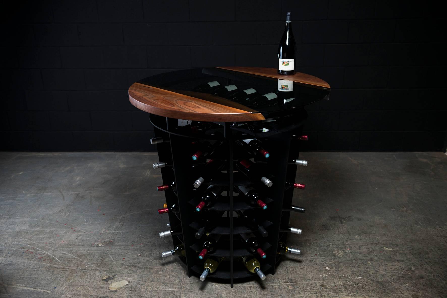 Wine Tasting & Storage Table, by Ambrozia, LiveEdge Walnut, Tinted Glass & Steel In New Condition For Sale In Drummondville, Quebec