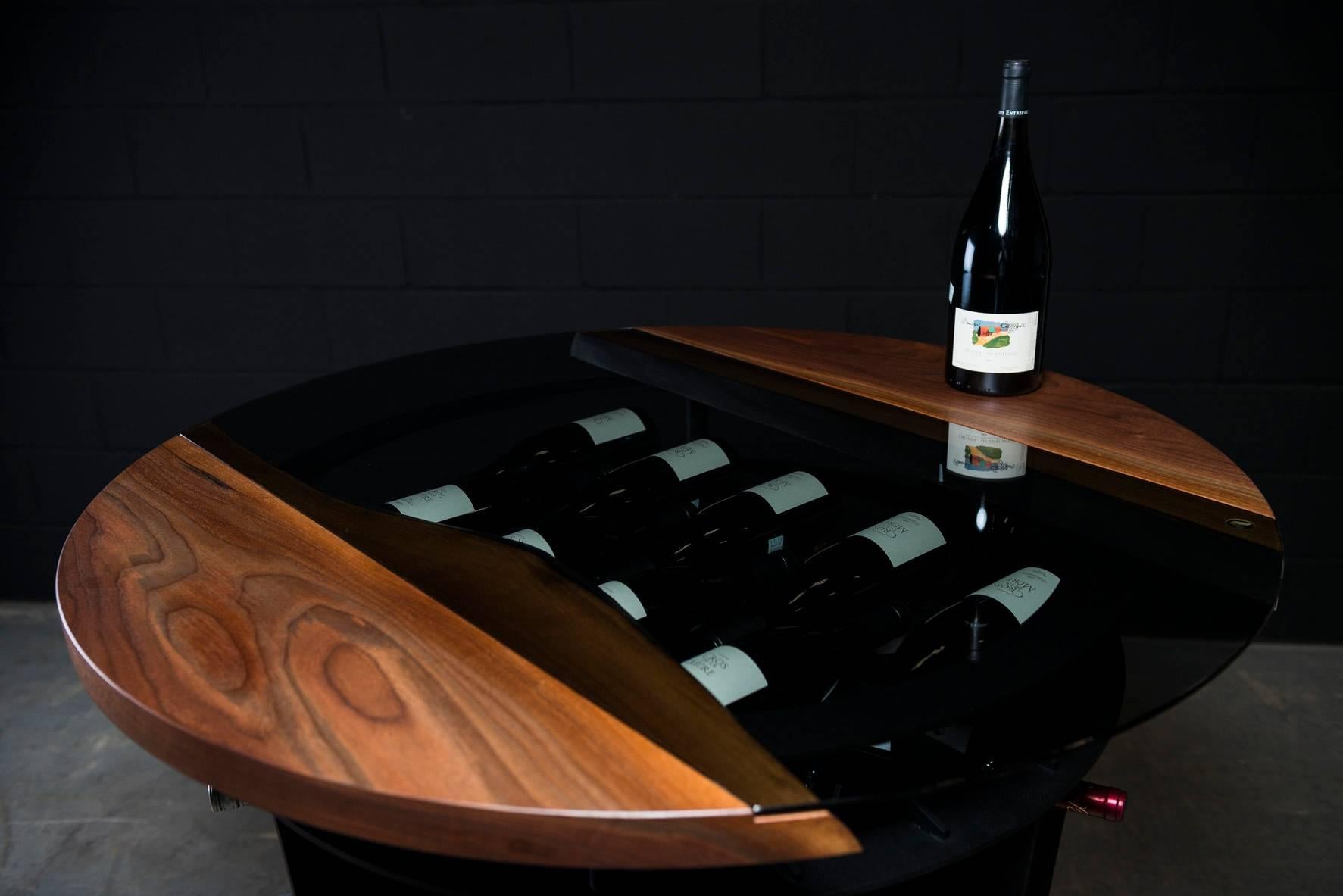 Contemporary Wine Tasting & Storage Table, by Ambrozia, LiveEdge Walnut, Tinted Glass & Steel For Sale