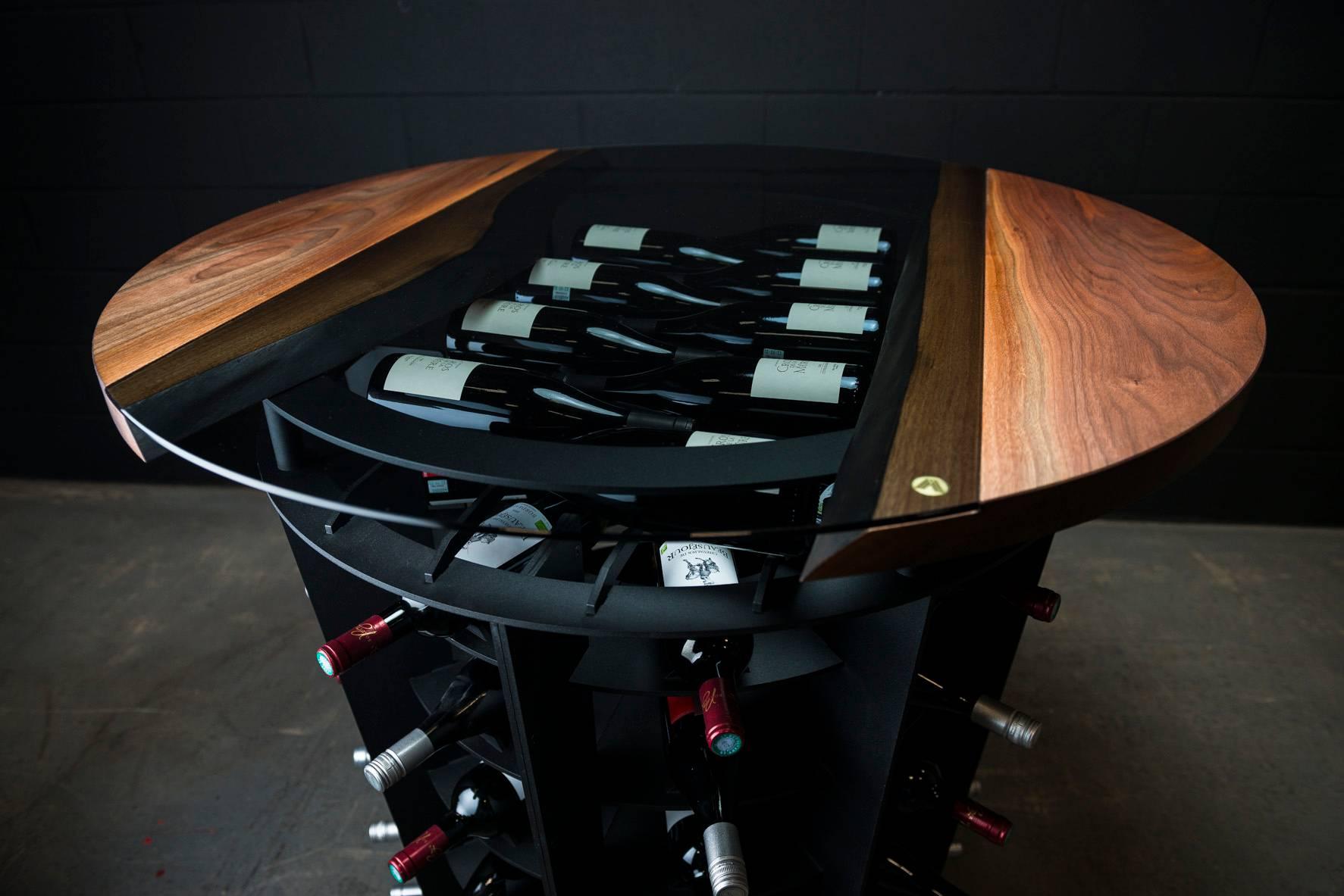 Wine Tasting & Storage Table, by Ambrozia, LiveEdge Walnut, Tinted Glass & Steel For Sale 1