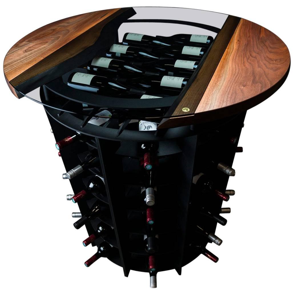 Wine Tasting & Storage Table, by Ambrozia, LiveEdge Walnut, Tinted Glass & Steel