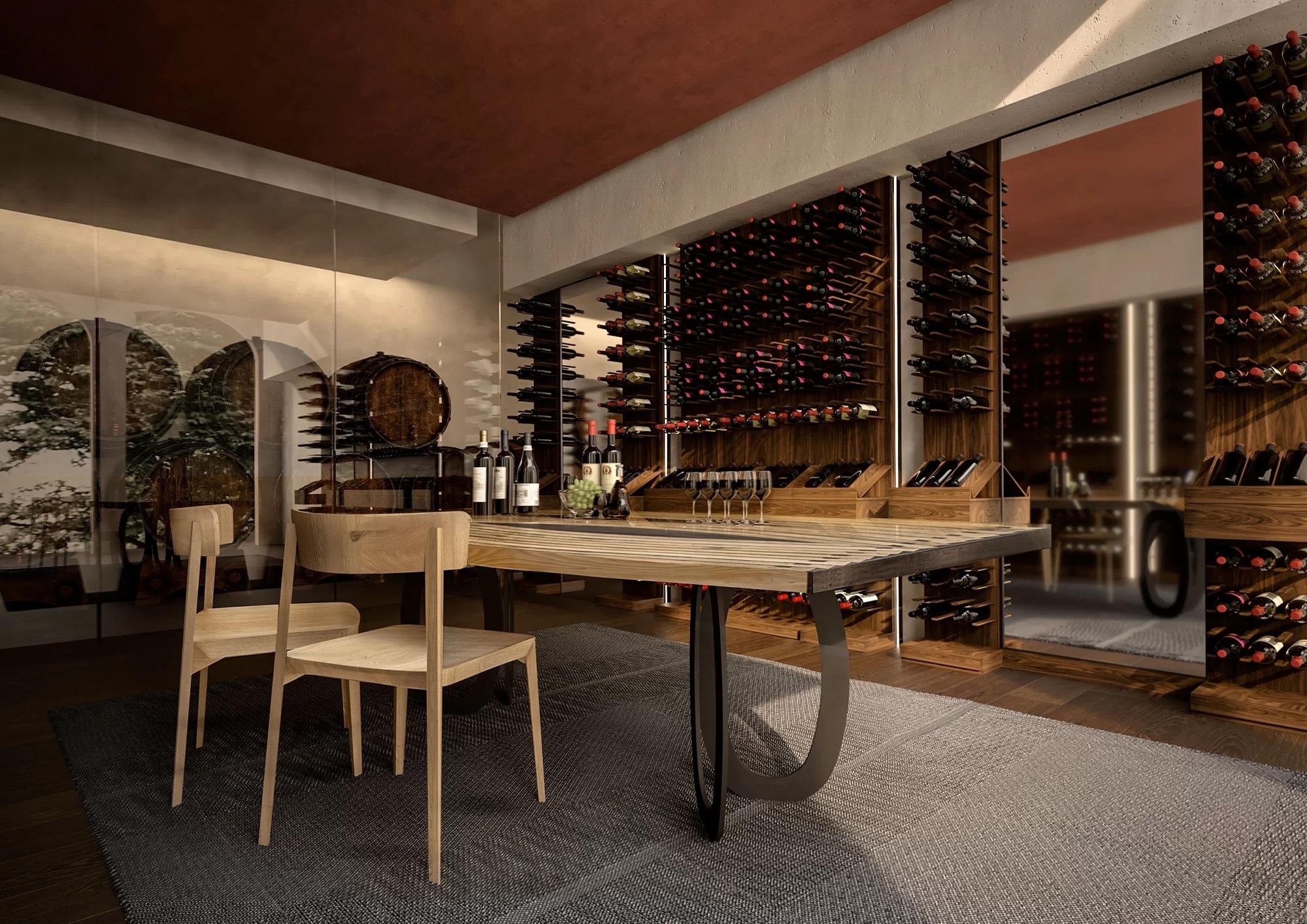 Sistema a parete per cantine o enoteche, composto da pannelli in listellare impiallacciato con supporti in legno massiccio che permettono di alloggiare bottiglie di formato standard, alternati a moduli a specchio con cornici in metallo laccato a