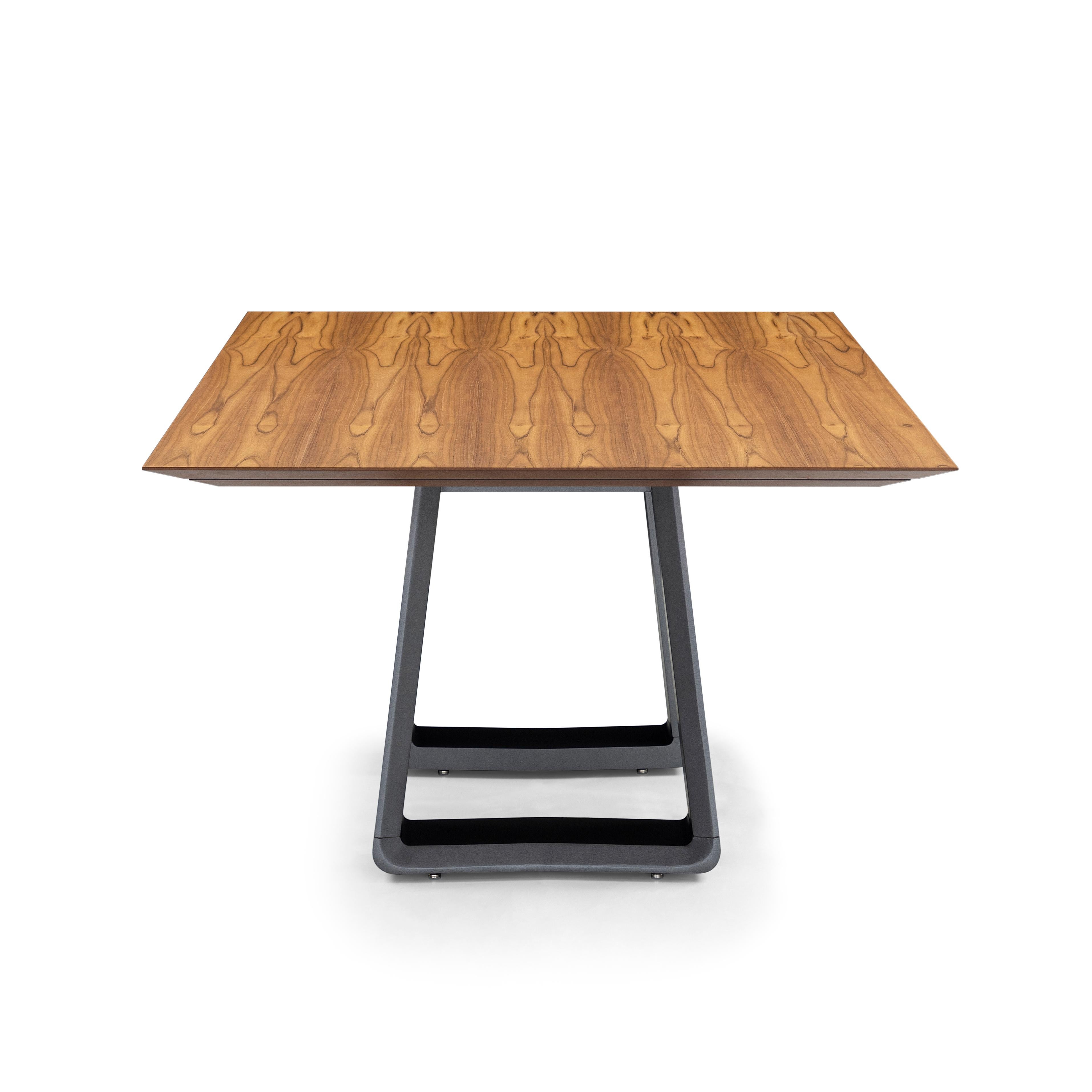 Brazilian Wing Dining Table with Chamfered Teak Wood Veneered Top and Graphite Base 67'' For Sale