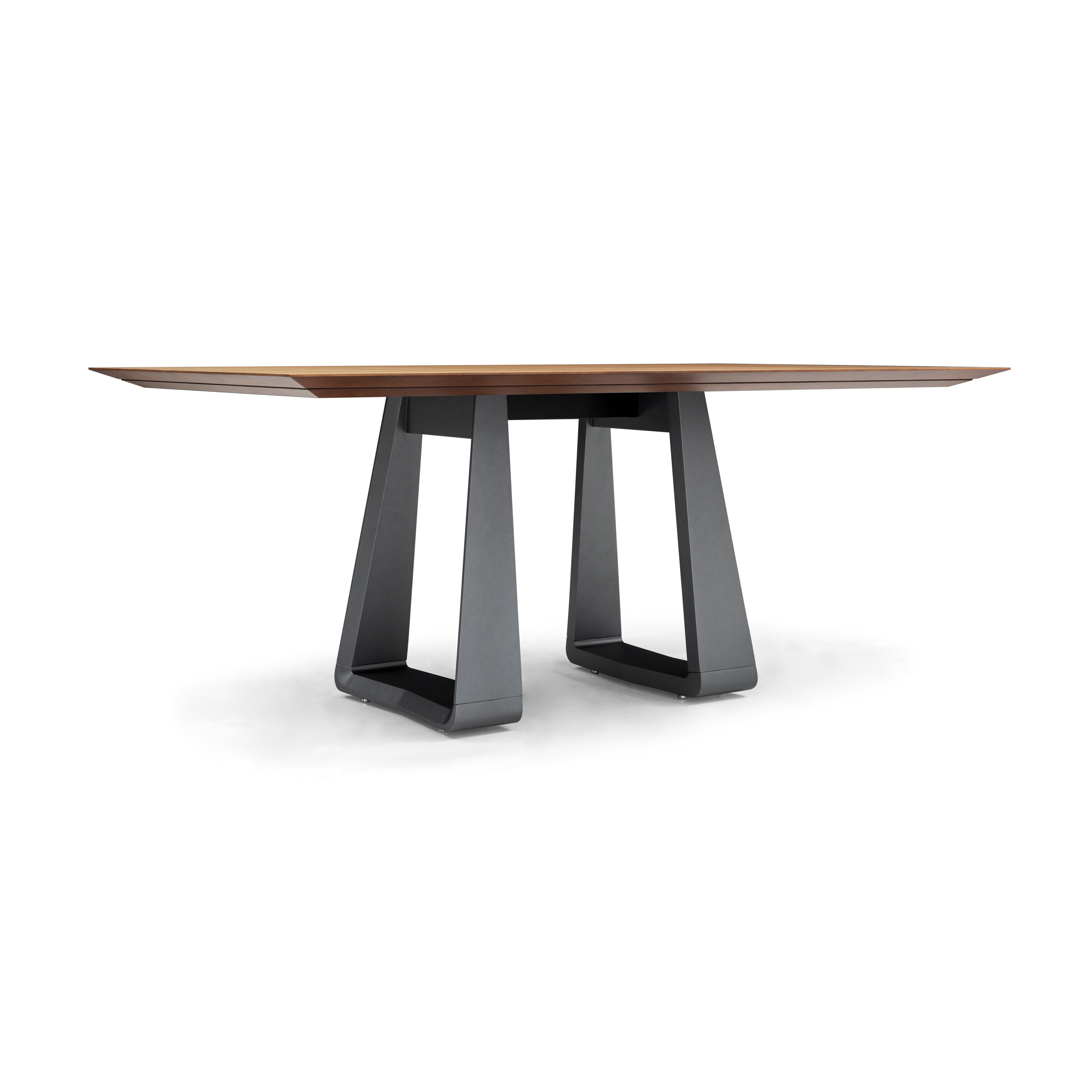 Contemporary Wing Dining Table with Chamfered Teak Wood Veneered Top and Graphite Base 67'' For Sale