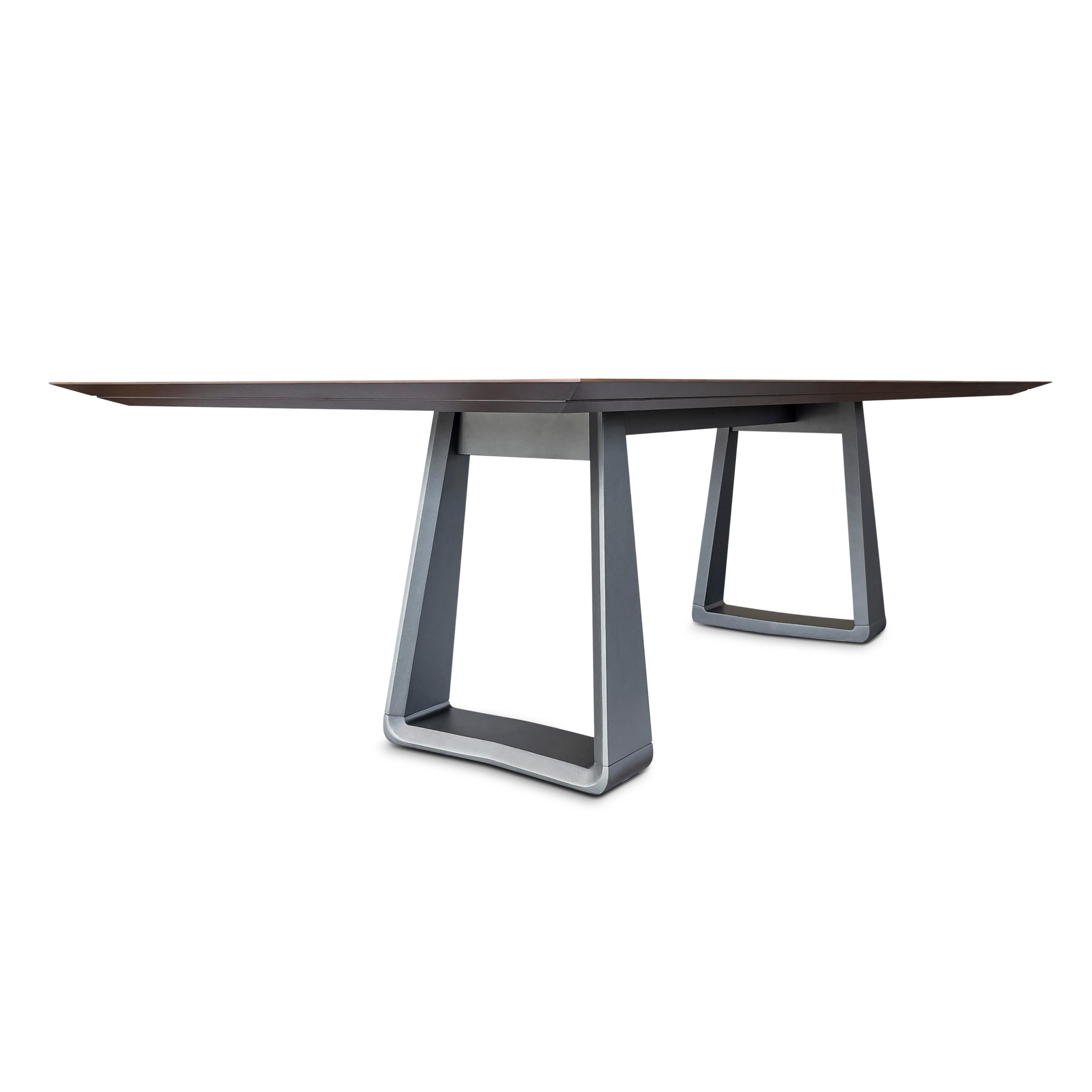 Brazilian Wing Dining Table with Chamfered Teak Wood Veneered Top and Graphite Base 98'' For Sale