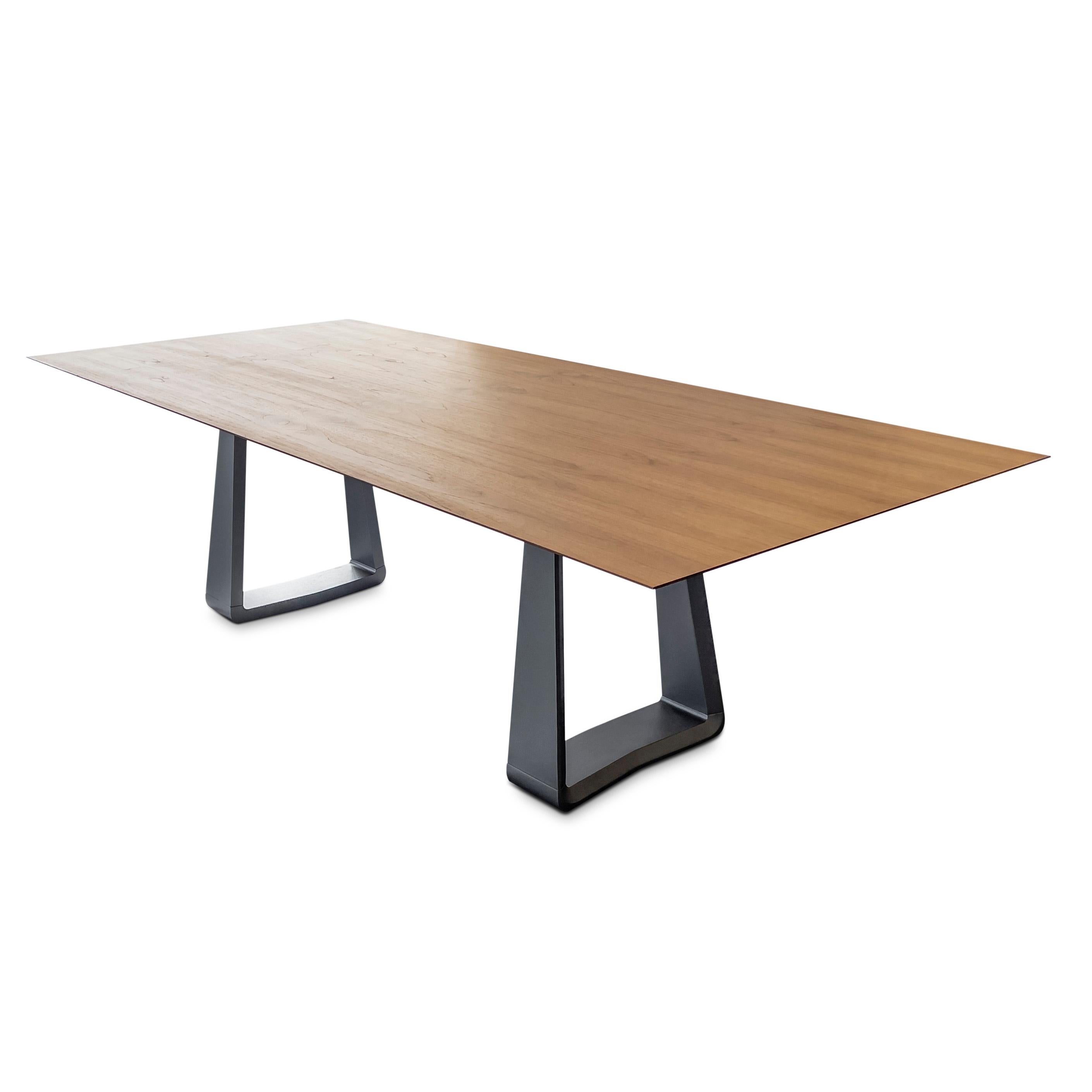 Contemporary Wing Dining Table with Chamfered Teak Wood Veneered Top and Graphite Base 98'' For Sale