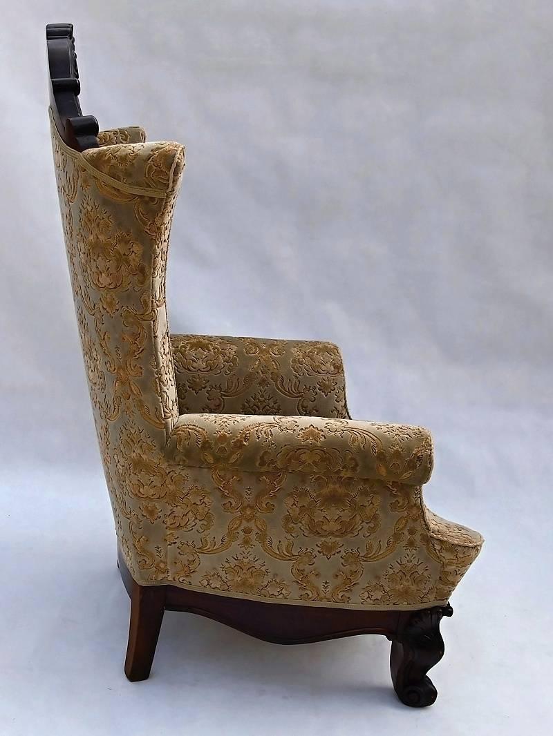 Baroque 19th Century Hand Carved Walnut Wing Chair 