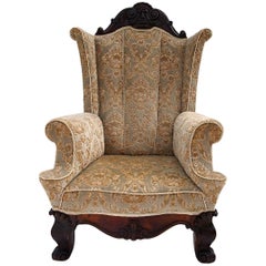19th Century Hand Carved Walnut Wing Chair 