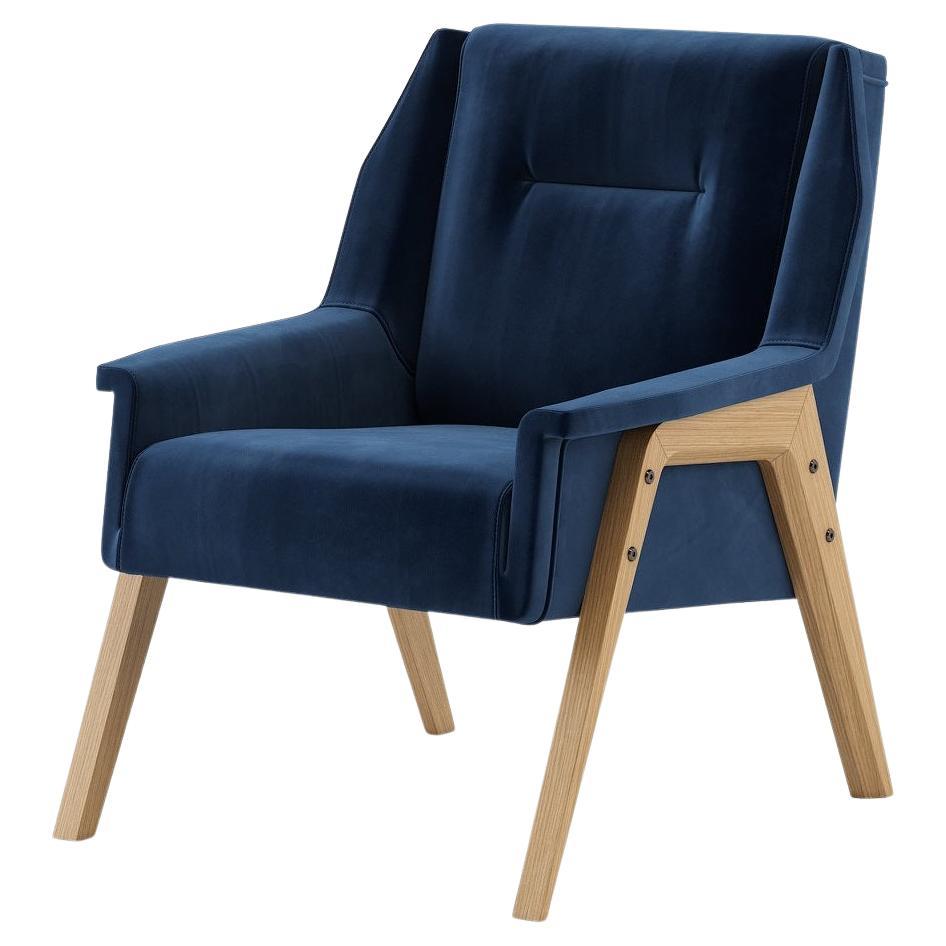 This Lounge chair measured proportions perfectly balance thickness and straight lines. The four-leg structure is presented in wood while the seat, back, and armrest are fully upholstered.
Available upholstered in velvet with various colors, leather
